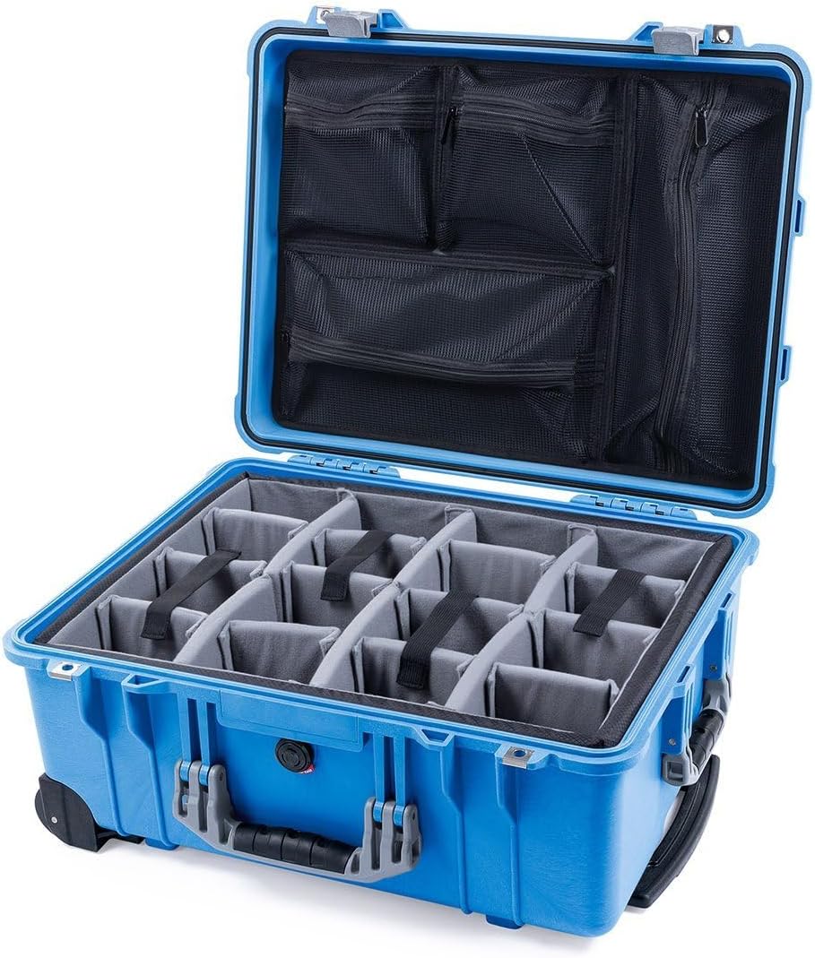 ColorCase Pelican Protector 1560 Carry-on Case Blue - Medium Size Waterproof Case with Gray Padded Microfiber Dividers & Mesh Lid Organizer - Lime Green Handles & Latches