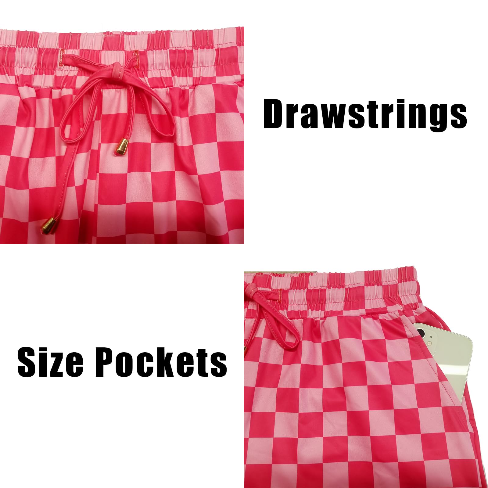 IWOLLENCE Women's Checkered Shorts Elastic Waist with Drawstring Plaid Short Pants Beach Summer with Pockets