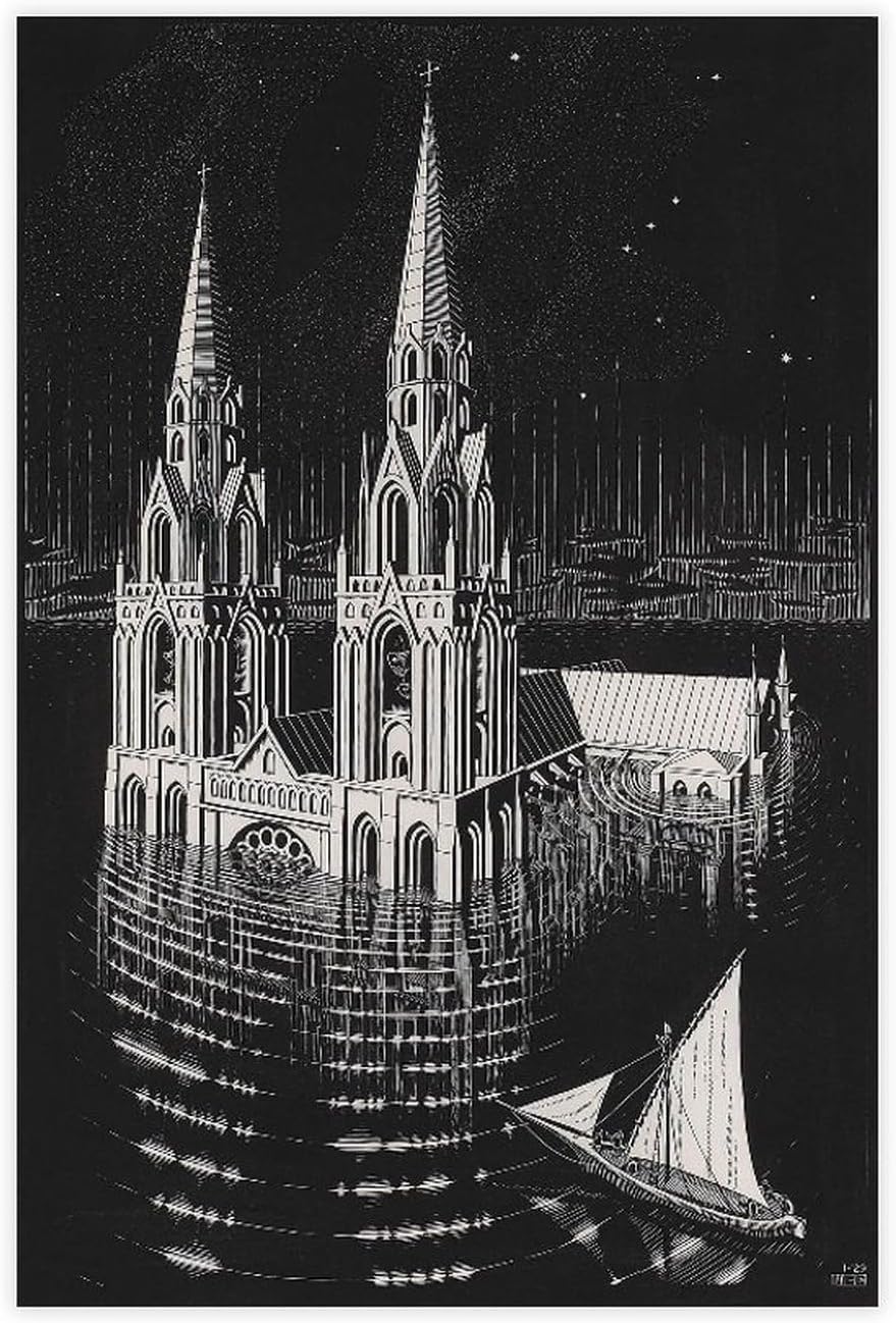 Waeta Rnvzx M. C. Escher Posters The Drowned Cathedral Canvas Wall Art Black and White Painting M. C. Escher Print For Home Decor Picture 50x70cm No Frame