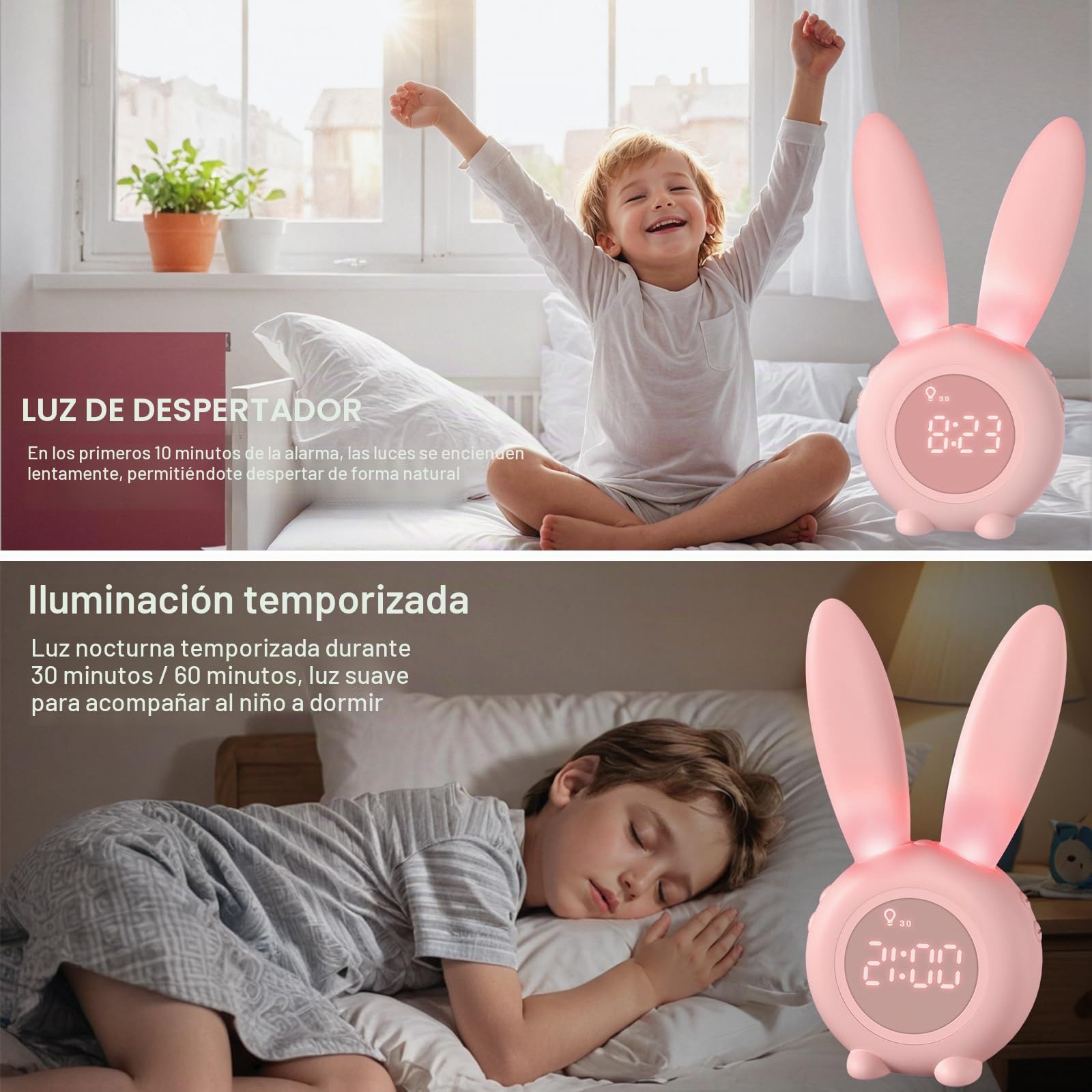 Homealexa Reloj Despertador de Conejo, Conejito Animal Lindo mesita de Noche con luz Nocturna + 6 música Interesante + Función de Cuenta Regresiva, Regalo para niños niños Estudiantes