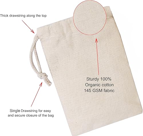 Miniatura 2 de Paquete de 100 bolsas de muselina de algodón 100 % orgánico con cordón único, ecológicas, ecológicas, reutilizables, 100 % algodón orgánico