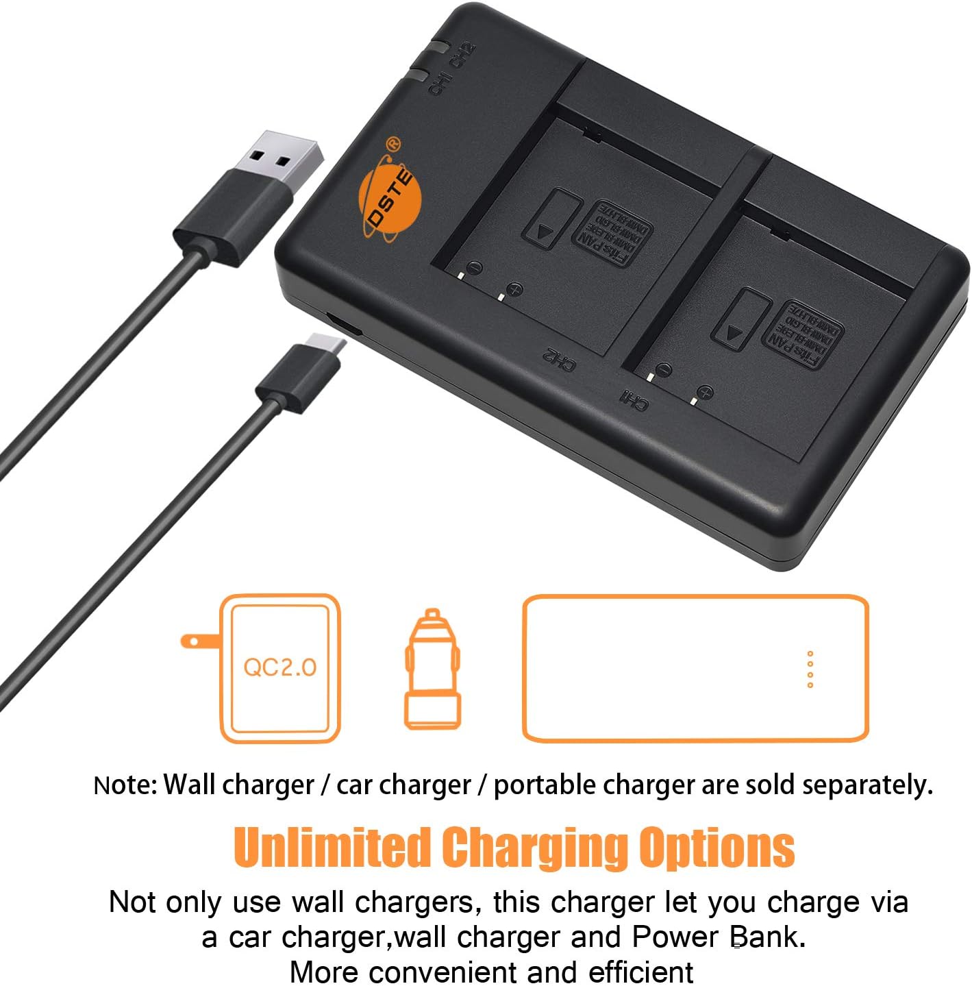 DSTE 2-Pack DMW-BLH7 DMW-BLH7E DMW-BLH7PP Battery + Rapid Dual Charger Compatible with Panasonic Lumix DMC-GM1 GM1K GM5 GF7 GF7K DMC-LX10 DMC-LX15 Camera