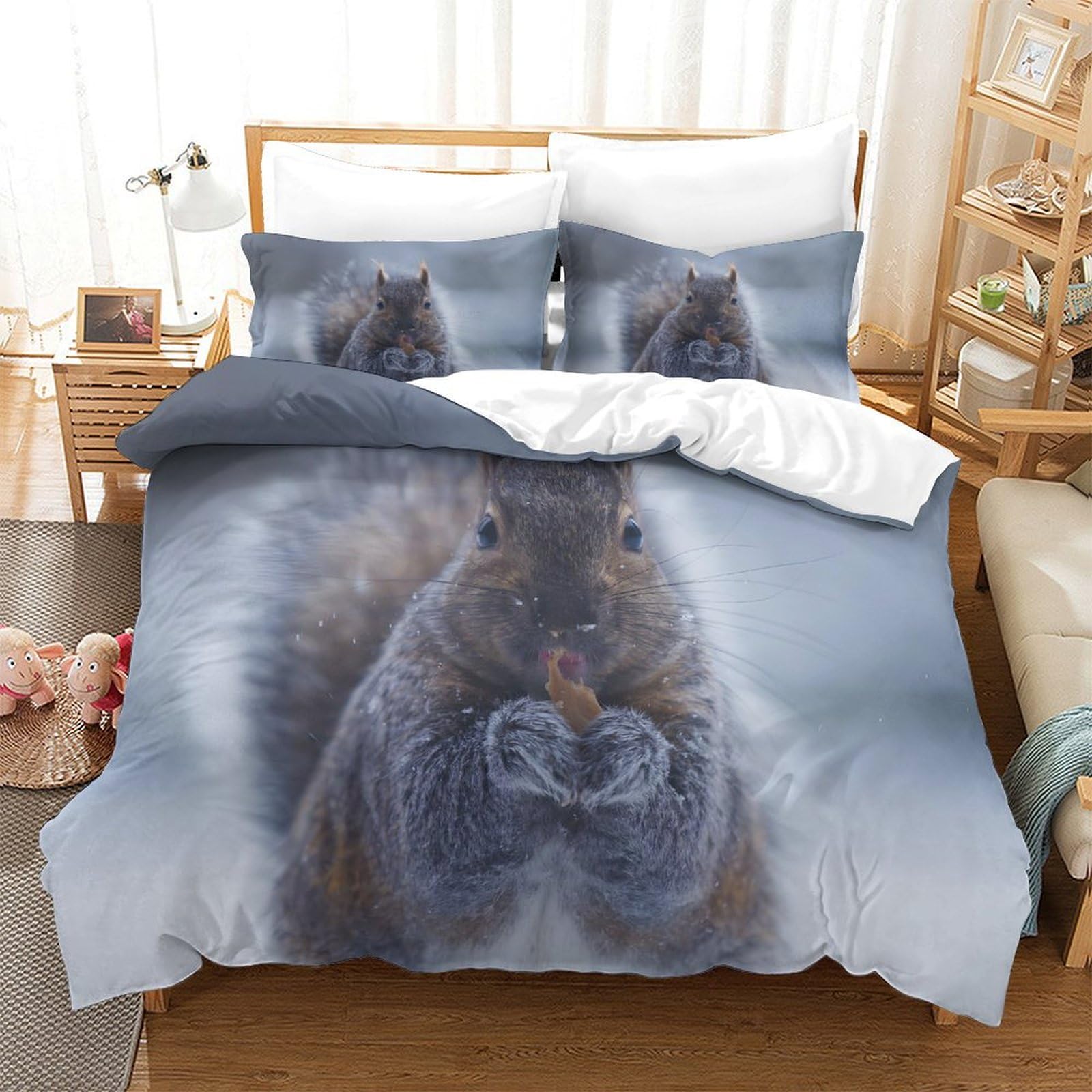 GDEKCIEAS Cute Squirrel Animal Theme Bedding Set for Teens,3 Pieces Ultra Soft Duvet Cover,Comforter with Zipper Closure,Lightweight Quilt Cover Single（140x200cm）