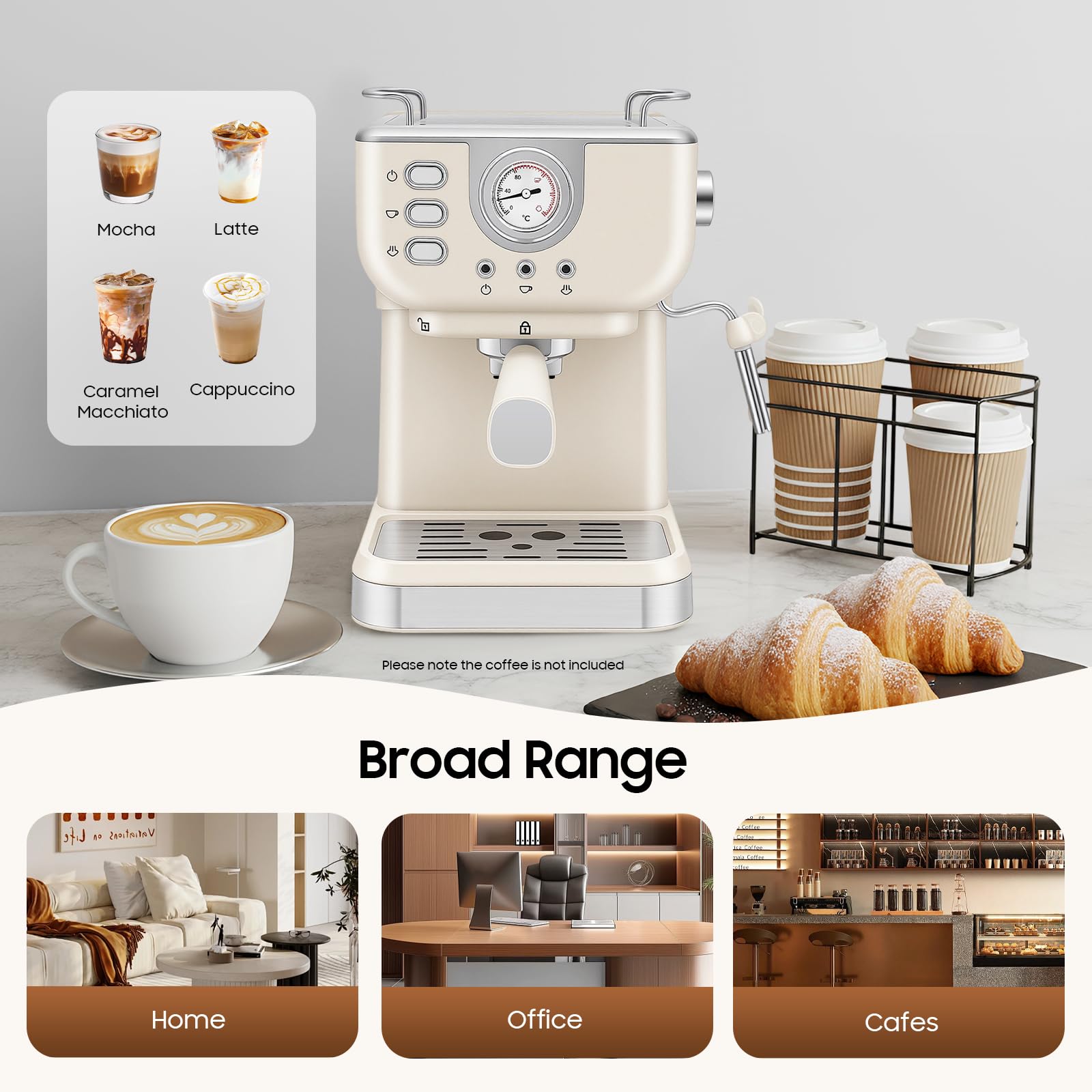 Macchina da caffè espresso semiautomatica da 1050 W, con montalatte, compatta, per caffè espresso e tostapane, 20 bar, serbatoio dell'acqua da 1,5 l
