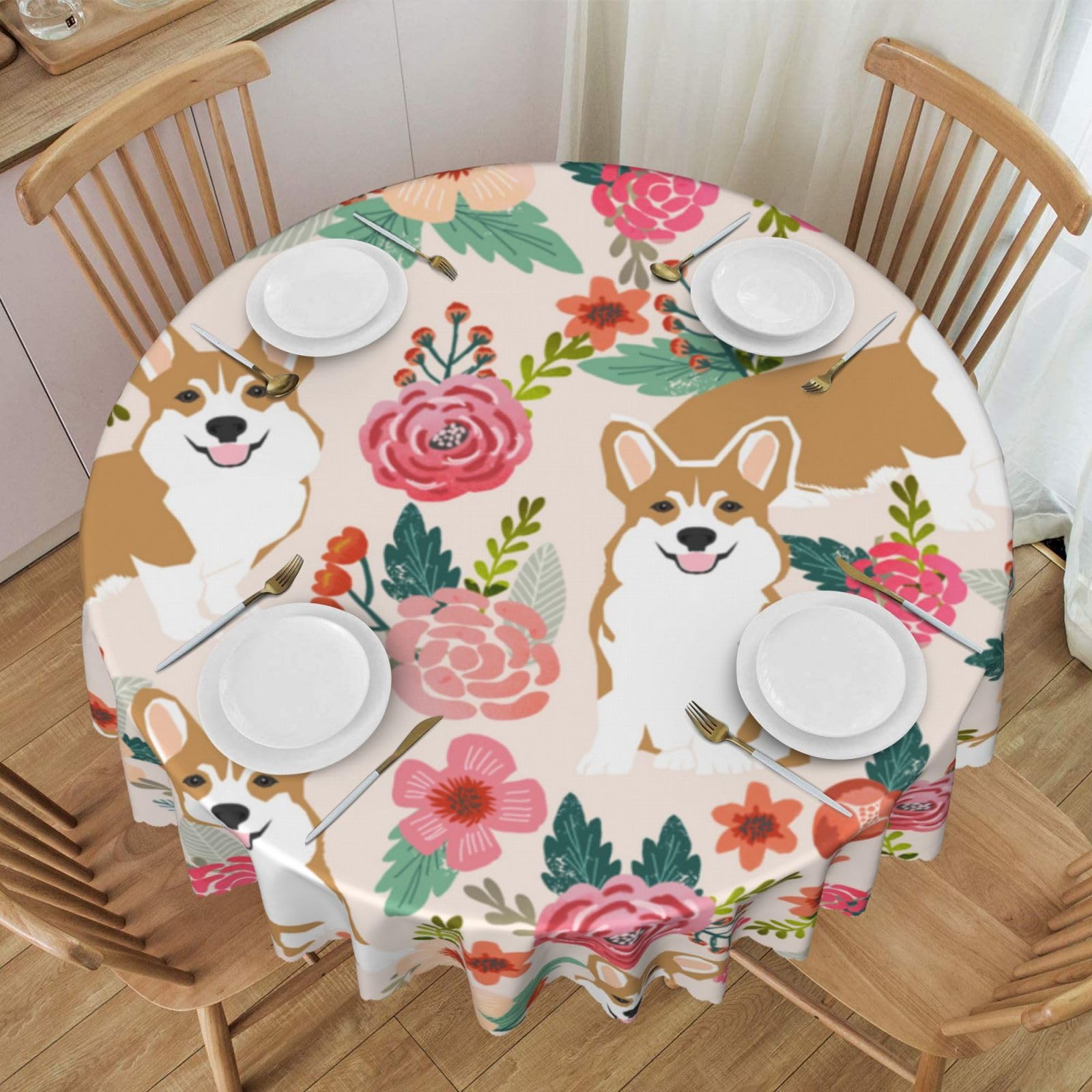 DCEHGEW 60 In Round Tablecloth with Lace, Corgi Floral Flowers Printed Oilproof & Washable Fabric Picnic Table Cloth Table Covers