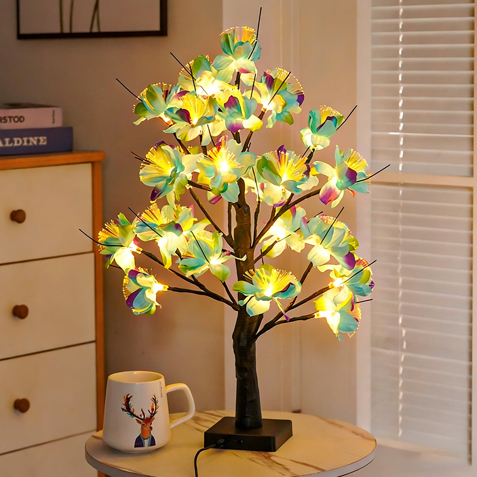 CutitiUU LED White Birch Tree Lights with Simulated Night-Blooming Jasmine Decorative Lamps,LED Tree Lights Tree Lamps for Living Room Cute Night Light for House Christmas Decor,Battery and USB (Blue)
