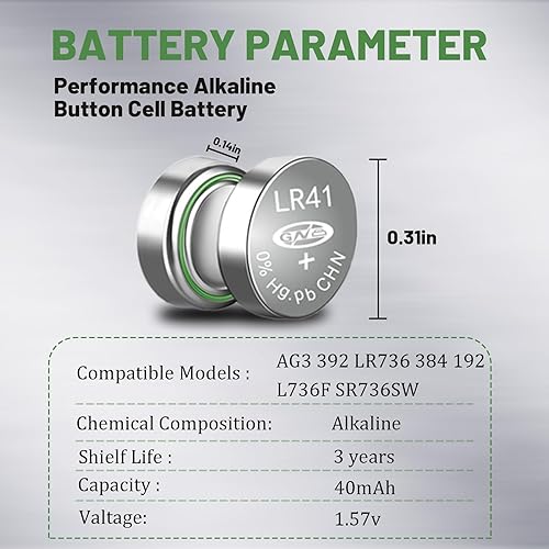 Miniatura 2 de Paquete de 100 pilas de botón LR41 AG3 392 384 192 SR41 L736 LR736 1.55V pilas de botón de celda de moneda, batería alcalina premium para audífonos,