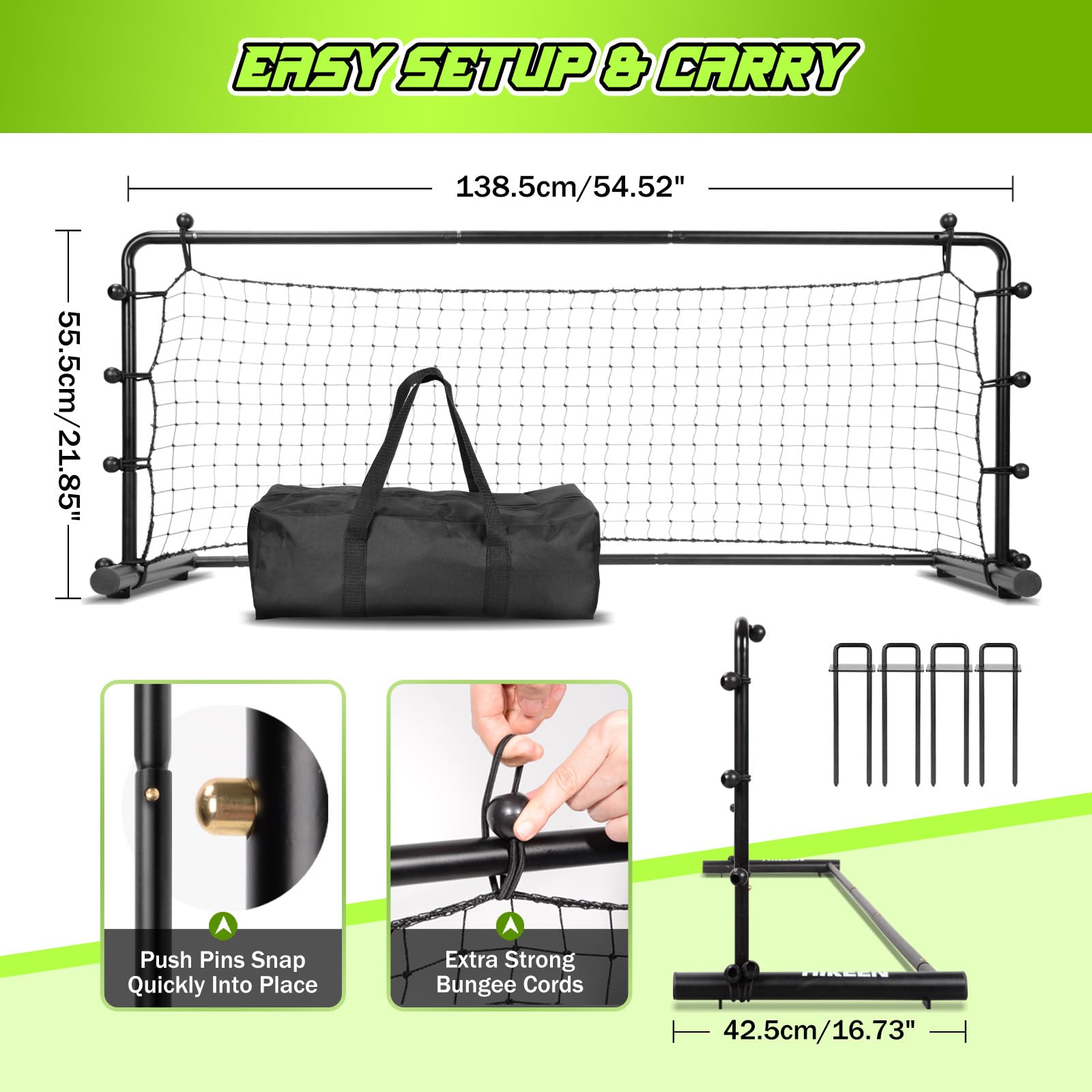 Hikeen Porta Calcio Portatile con Rimbalzo, Set Allenamento Facile da Montare per Esterno, Rete da Calcio con Effetto Rimbalzo per Tiri e Passaggi (138 x 55 cm)