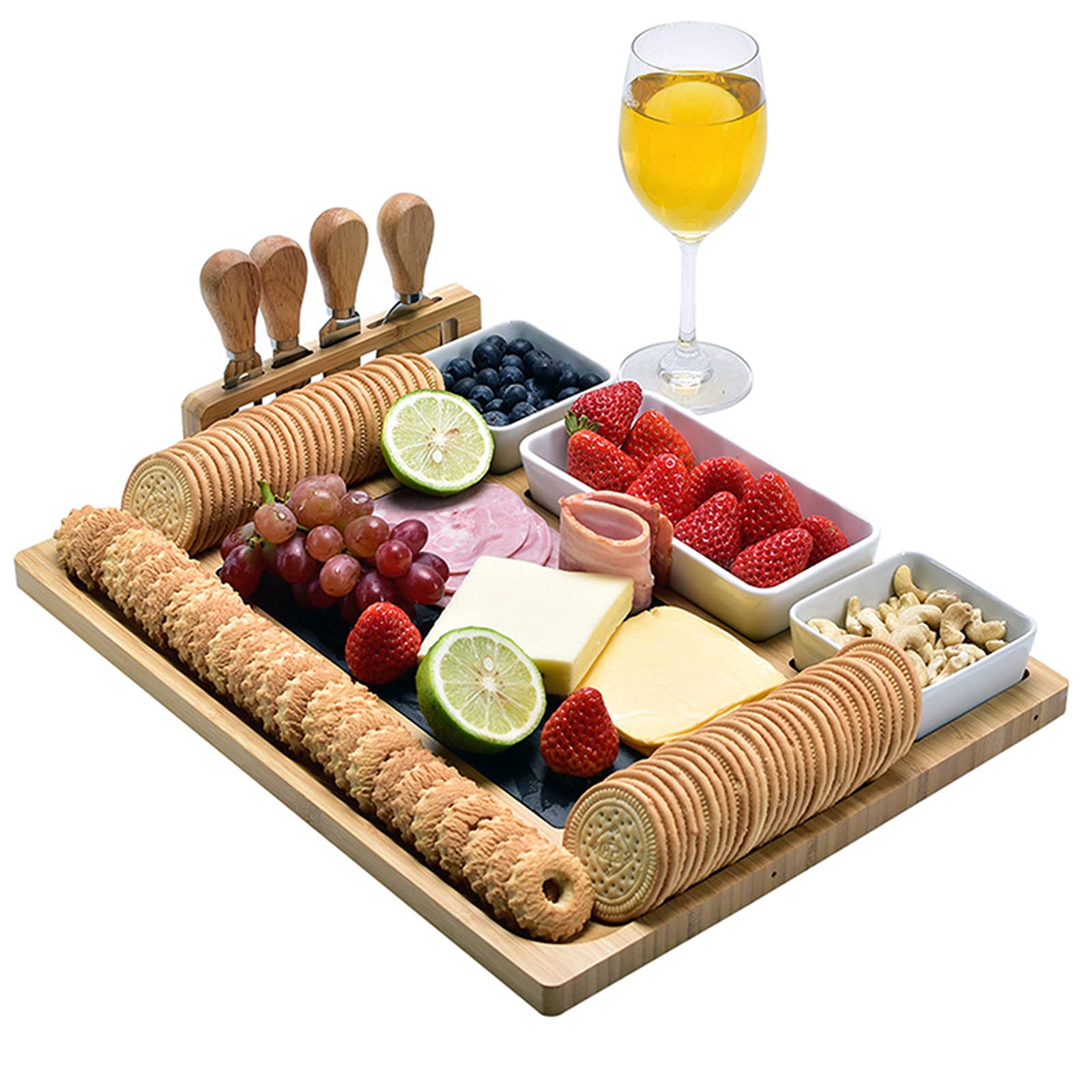 AIZYR Plateau De Fromages en Bois, Plateau De Charcuterie Et Plateau De Service avec Couverts, 3 Bols en Céramique pour Noël, Mariage, Cadeaux d'anniversaire
