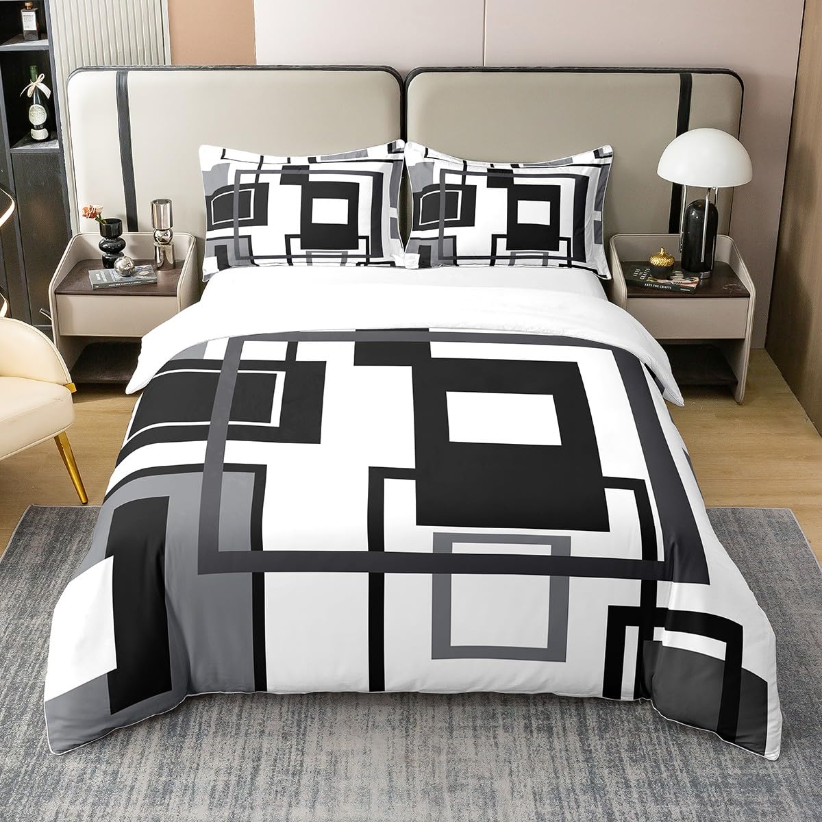 Homewish 100% Cotton Black White and Grey Comforter Cover Single for Adults Men,Abstract Geometric Bedding Set Square Striped Duvet Cover Simple Lines Quilt Cover 1 Pillow Case Modern Bedroom Decor