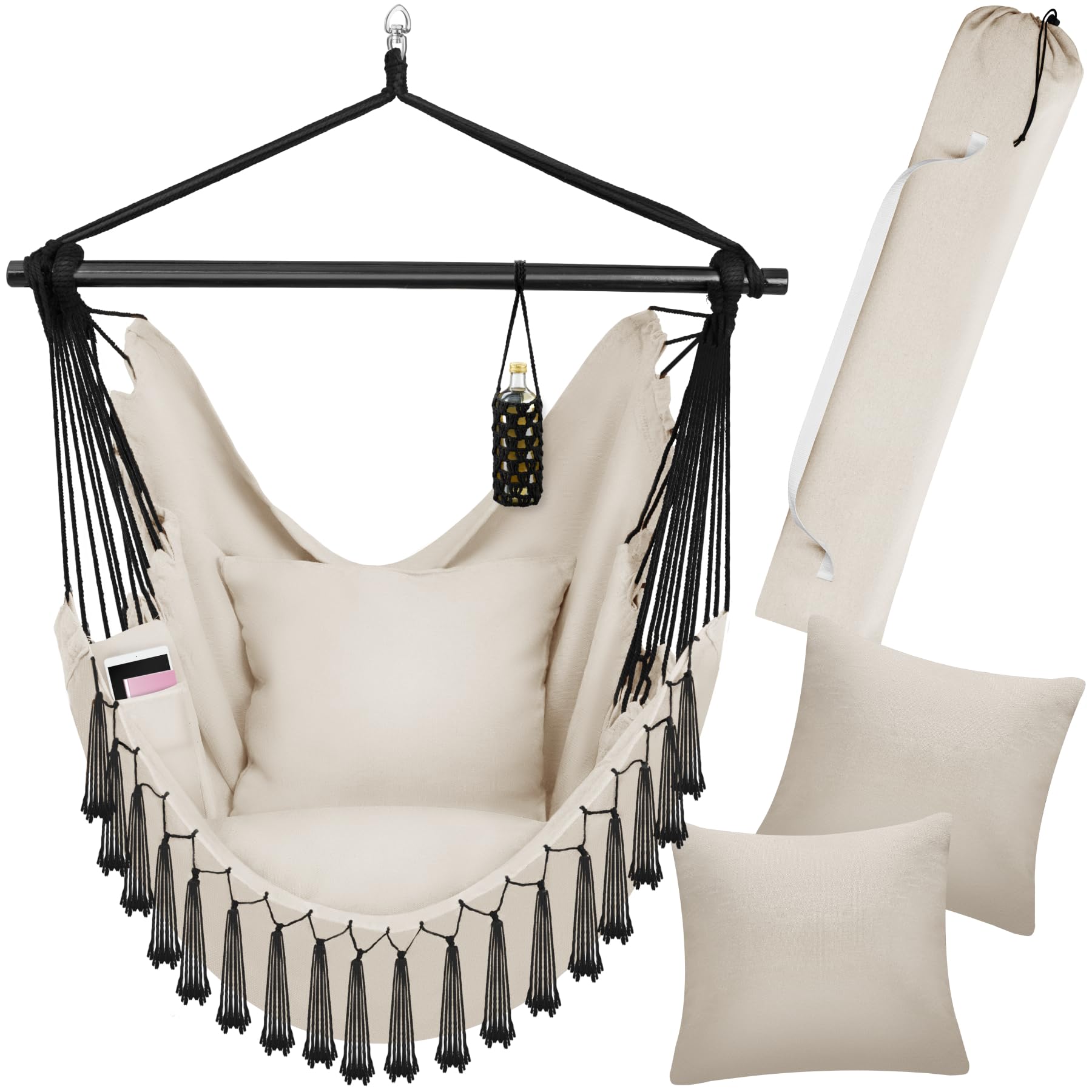 Tectake Beige Tectake® Hanging Chair In Boho Hammock Style With Tassels, Thick Cushions, Breathable Fabric, Side Pocket & Drink Holder, Incl. Carrying Bag - Durable Swing Chair For Indoor & Outdoor Use
