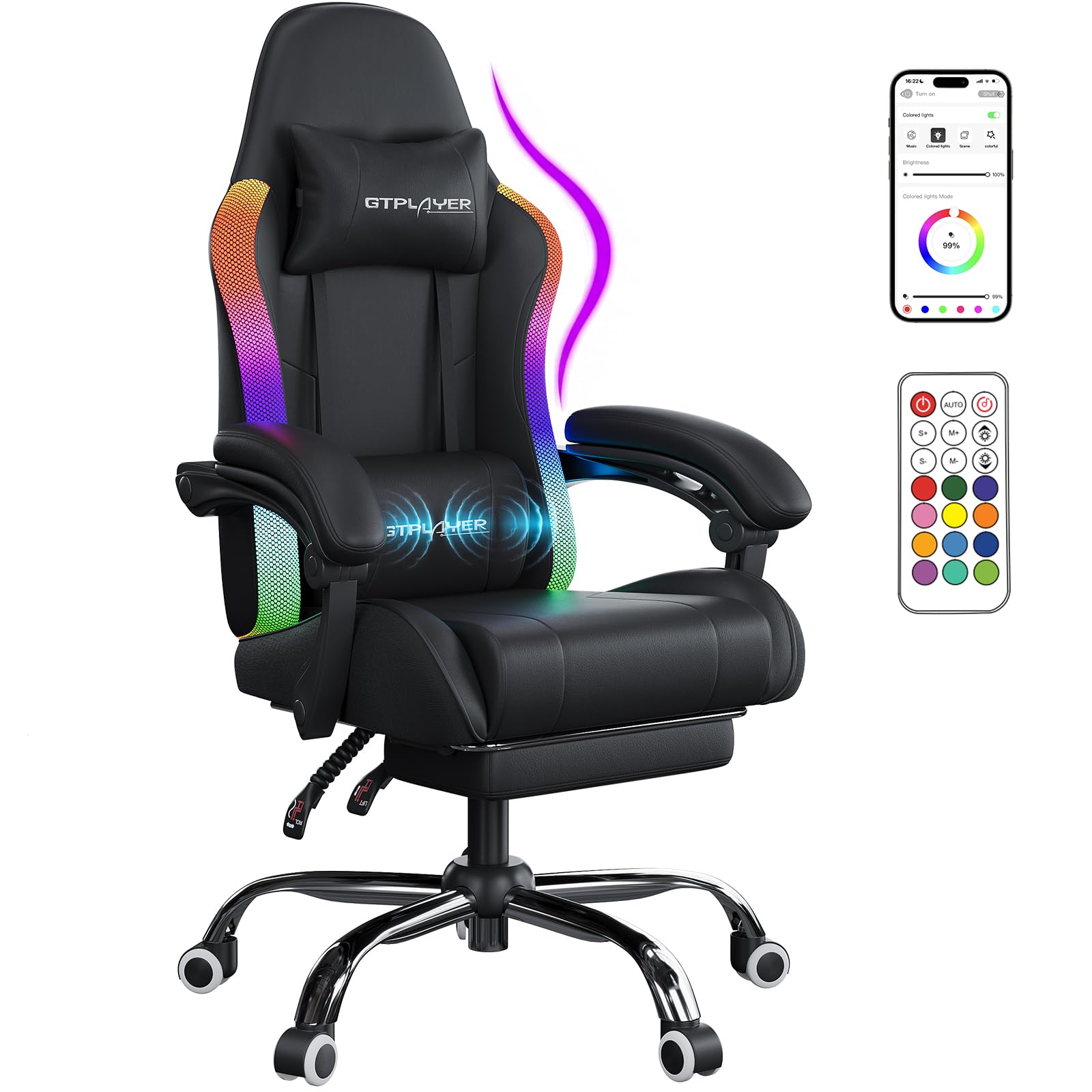 GTPLAYER Sedia da gaming, da ufficio, con barra luminosa a LED e funzione di massaggio, schienale con custodia, ergonomica, per PC con telecomando
