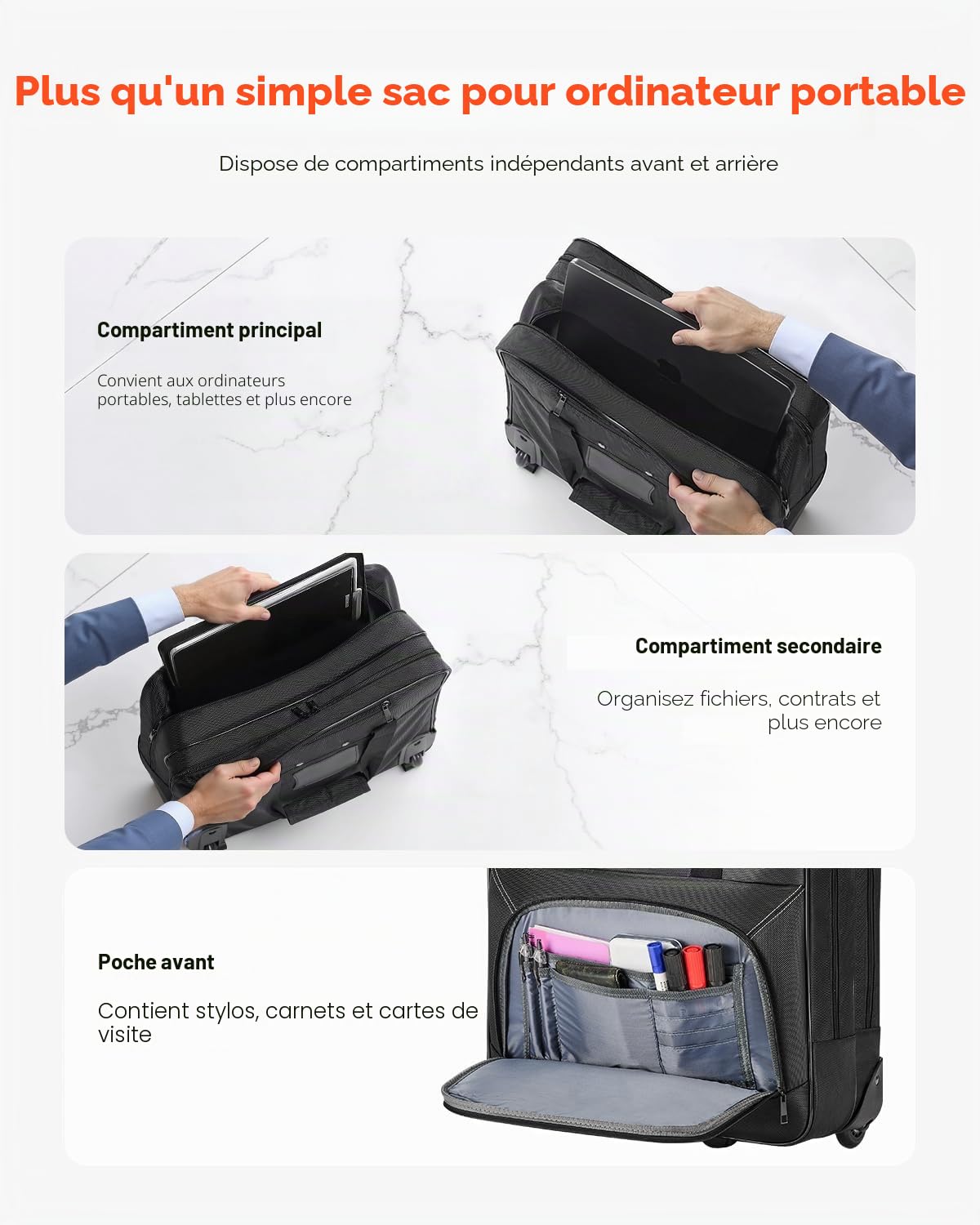 VEVOR Sac à roulettes pour Ordinateur Portable 15,6 Pouces, Mallette à roulettes pour PC, Poignée Télescopique à 4 Hauteurs, Tissu Oxford 1680D, pour Travail, Voyages d'affaires, Femmes, Hommes, Noir