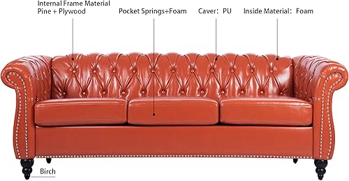 Miniatura 11 de Sofá Chesterfield moderno de tres plazas, sofá de piel sintética con brazos enrollados, cómodos sofás para sala de estar, oficina, sala de recepción