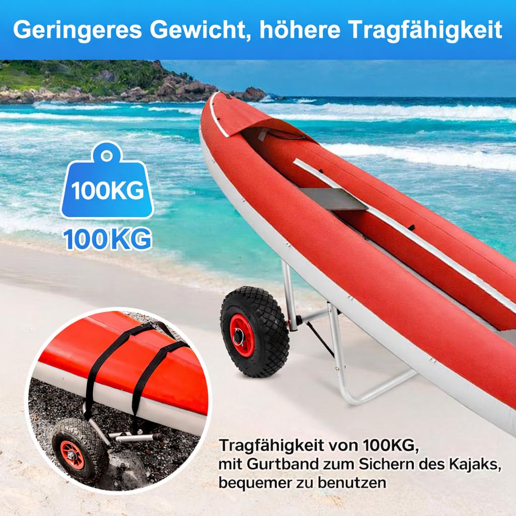 Kajakwagen aus Aluminium, bis 100 kg Belastbar,mit 2 x 26 cm PU-Rädern und PP-Spanngurt,Faltbarer Transportwagen für Kajak, Kanu und SUP