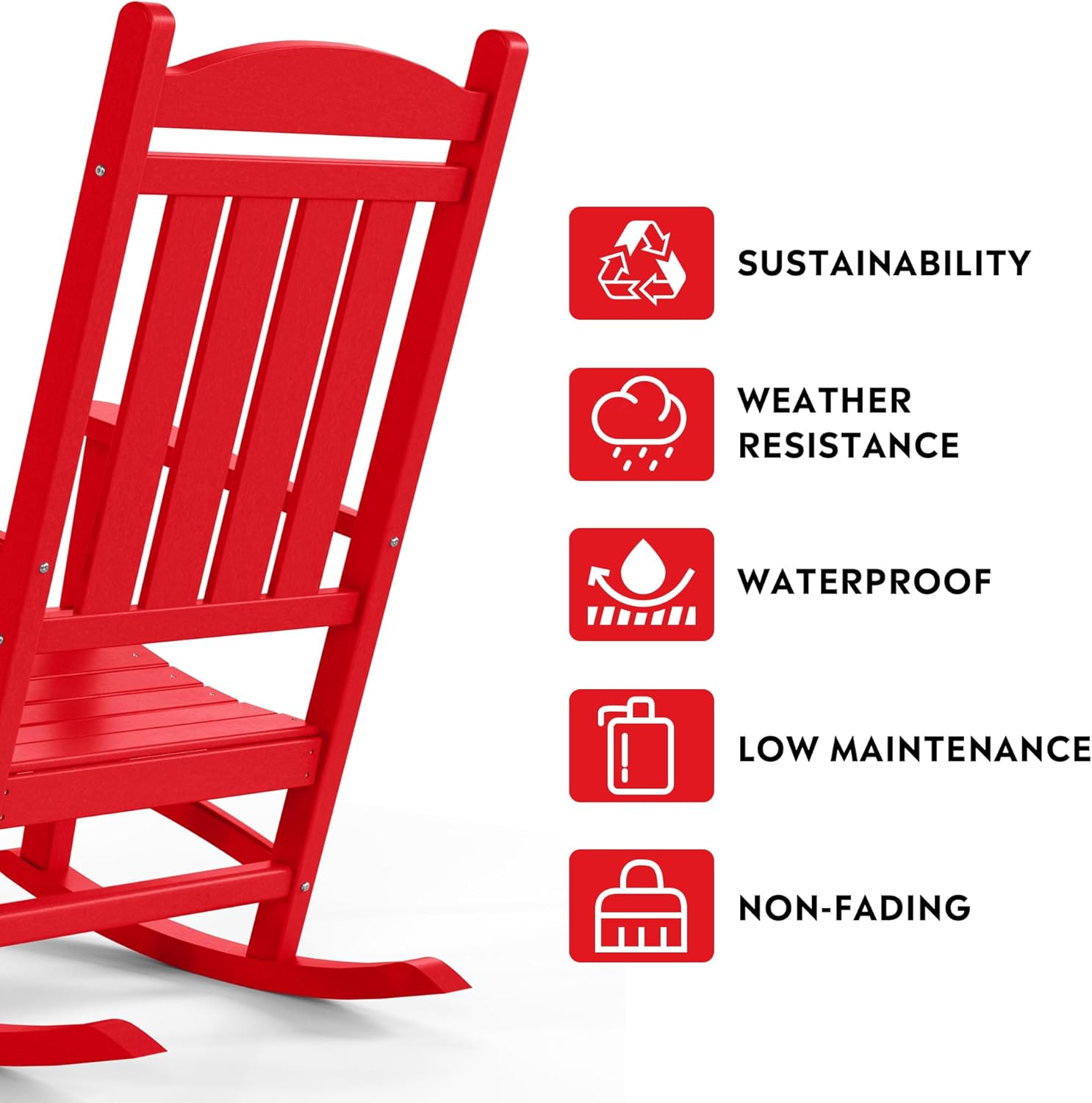 Costaelm Oversized Outdoor Rocking Chair, High Back Porch Rocker Chair, HDPE All Weather Resistant Outdoor Seating Furniture Wide Rocker Chair for Patio, Lawn, Garden, Red