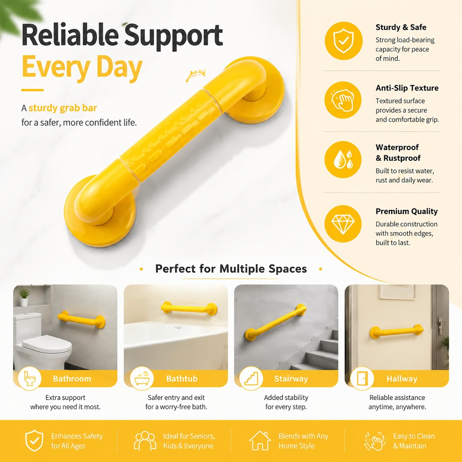 Barras De Apoyo para Bañera, con Agarre Antideslizante Texturizado Que Brilla En La Oscuridad, Barra Recta De Pared para Baño, Ducha Y Bañera.(Yellow,70cm)
