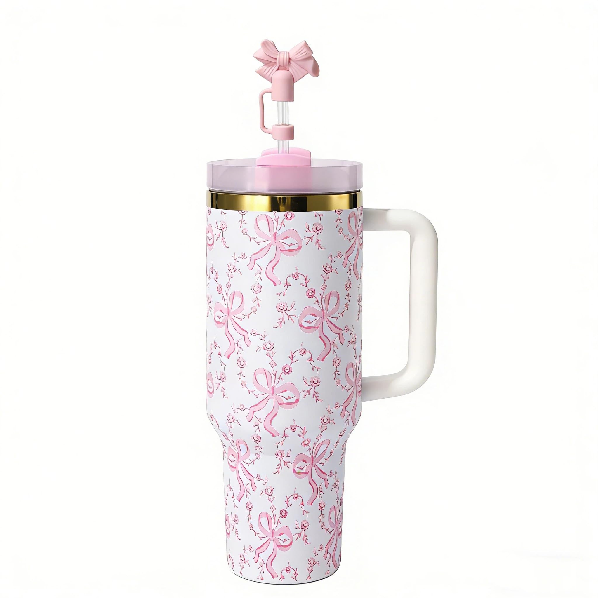 Vaso térmico de 40 oz con tapa y paja, vaso aislado de acero inoxidable con mango y paja, vaso de viaje con lazo y estampado floral para mujer, novia (Coquette