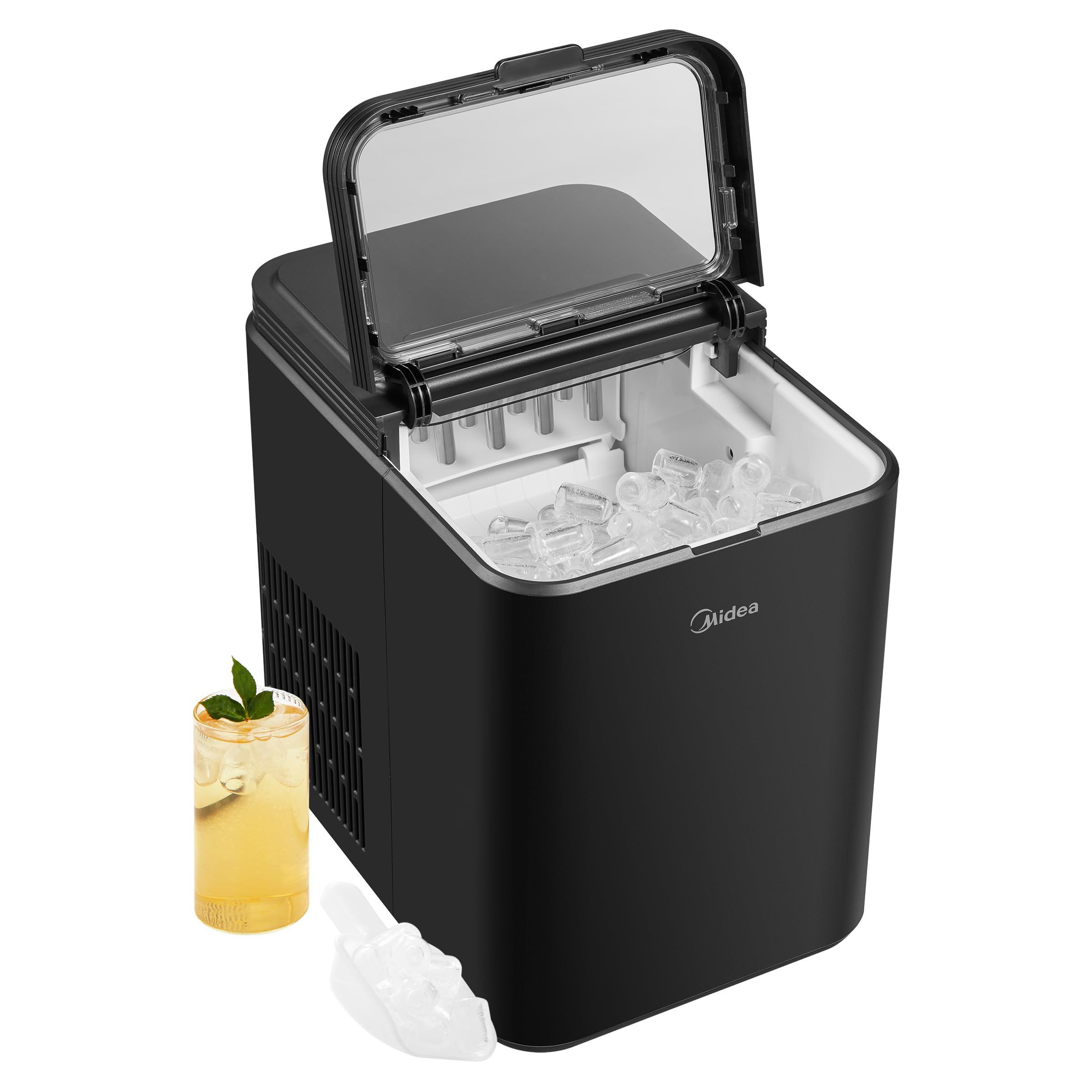 Midea Macchina Ghiaccio da Casa Portatile 12kg/24h Inclusi Paletta/Cestello | Nero, 8 Cubetti in 6min, 2 Dimensioni Cubetti, Autopulente, Per Cucina, Ufficio, Funzionamento Rapido, MERI12BG30EU