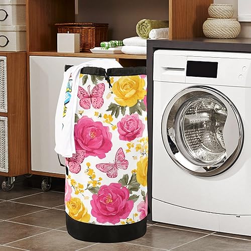 Vista 56 de Mochila de lavandería con correas ajustables para el hombro, bolsa de lavandería sucia para viajes, campamento, universidad, resistente, Rosa floral