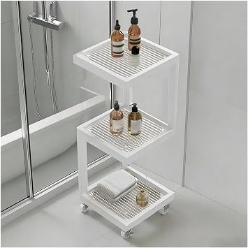 3/4 Tier Open Storage Bathroom Shelves, Side Table Cart With Glass Top & Wheels, Narrow Storage Rack For Living Room Bedroom Kitchen OfficeWhite,25x25x65cm