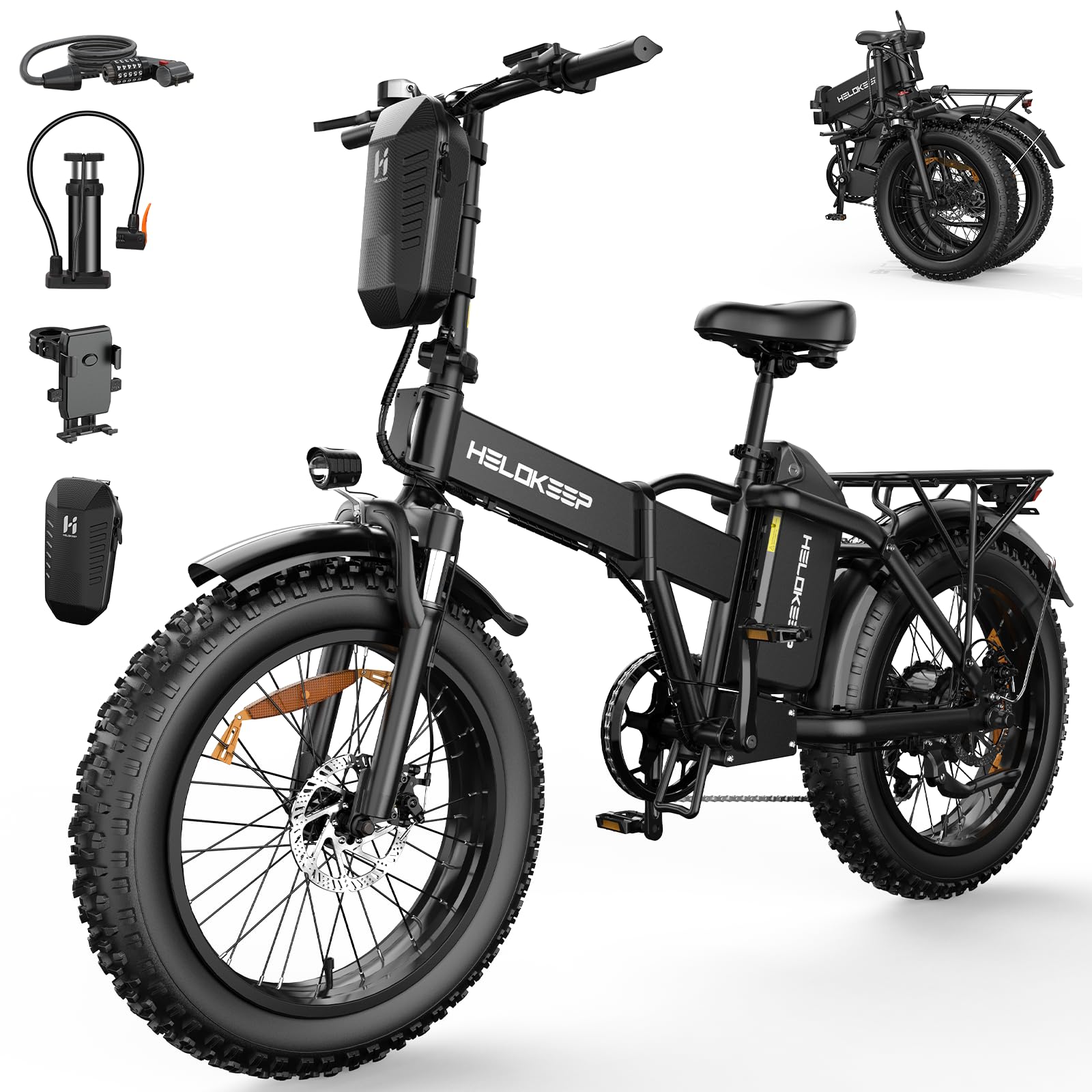 Helokeep Folding Electric Bike, 48V 25AH Battery Ebike with 30MPH Top Speed, 20" Fat Tire E-Bike for Adults with Rear Rack