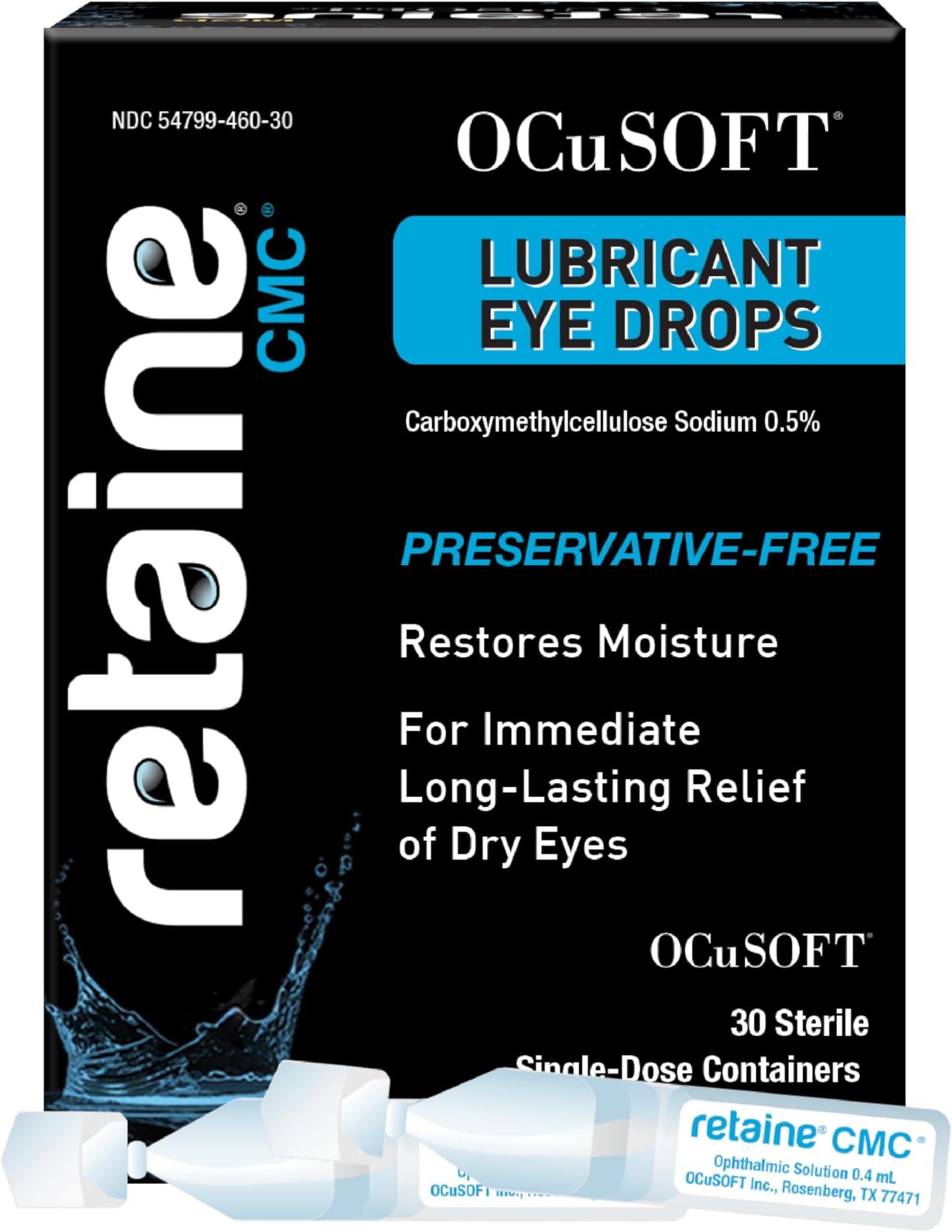 OCuSOFT Retaine CMC Preservative-Free Artificial Tears for Long-Lasting Relief of Dry Eyes – Carboxymethylcellulose Sodium 0.5% - 30 Sterile Single-Dose Containers