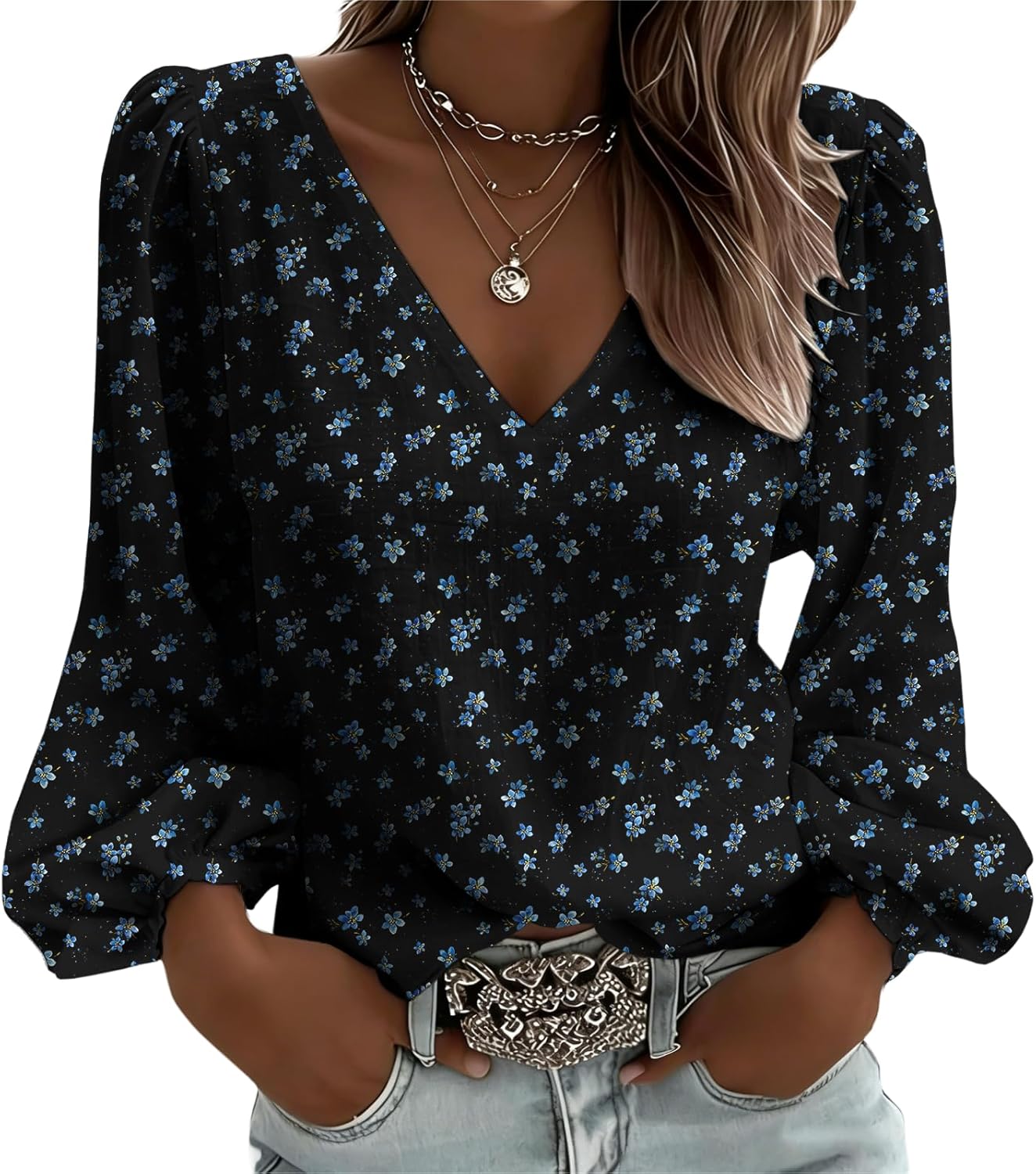 Vintage Floral Women Tunic Tops Deep V Neck Puff Sleeve Lightweight Spring Casual 2...