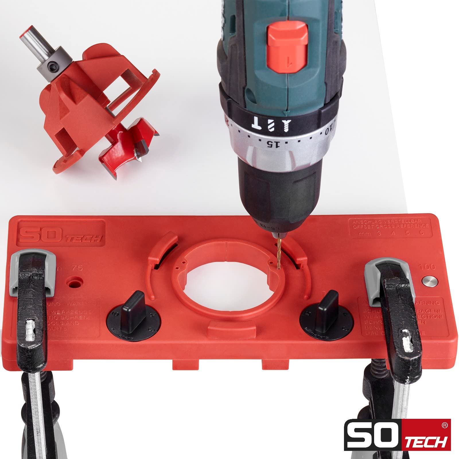 SOTECH Topfband-Bohrschablone mit Forstnerbohrer Ø 35 mm für SO-T45 Topfbänder mit einem Bohrlochabstand von 45 mm