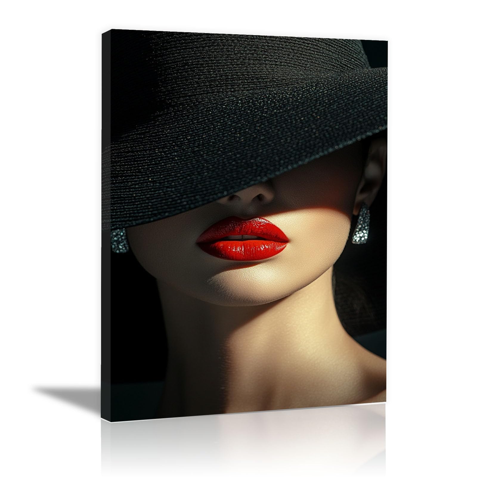TERUEA Glamorous Art Deco Inspired Woman Black Hat Red Lips Women Wall Art Canvas Artwork Canvas Art Home Decor Home Wall Decor(Black)-70x100cm Framed