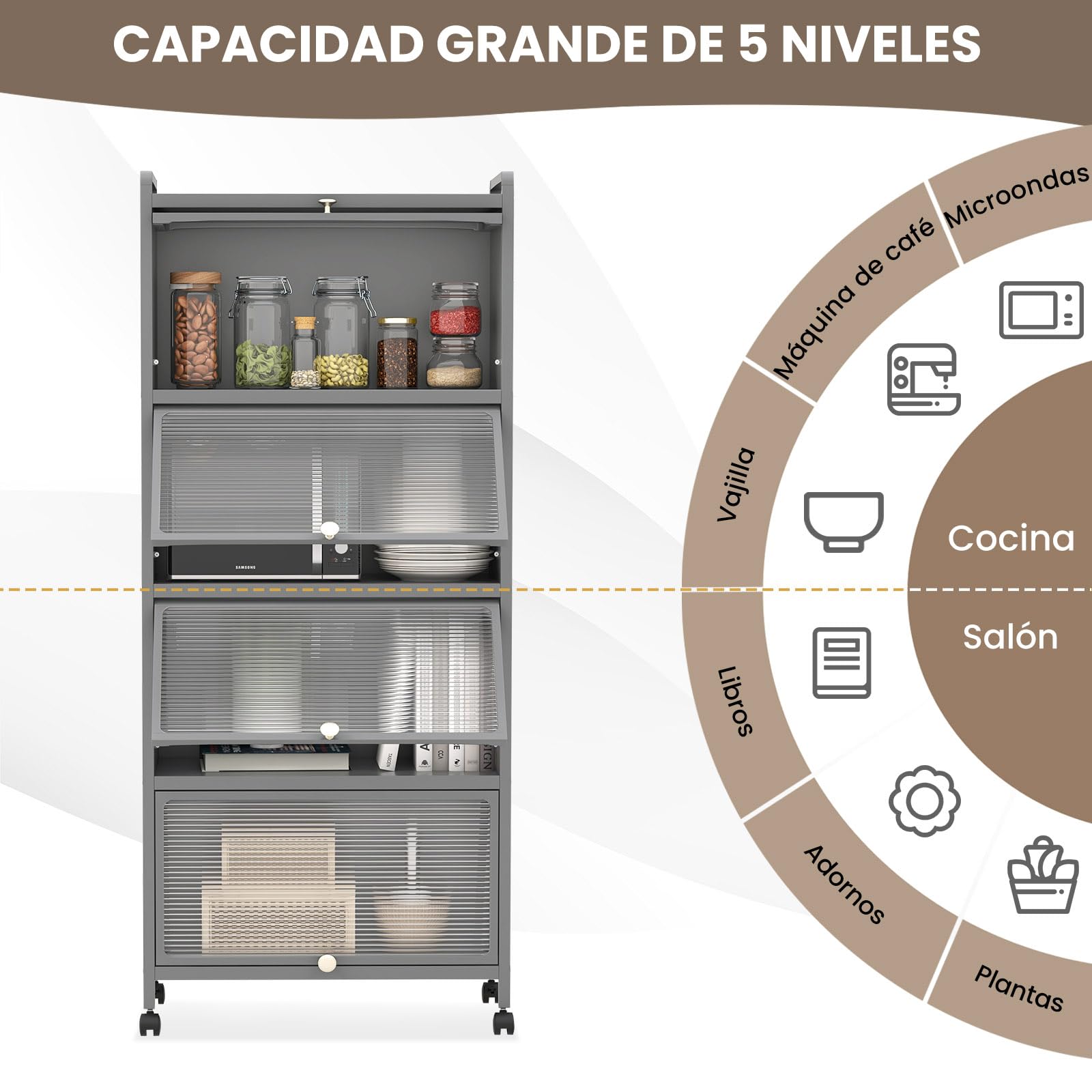 COSTWAY Estantería de Cocina de 5 Niveles, Estantería de Almacenamiento con 4 Puertas de PC y 4 Ruedas Giratorias, Armario de Cocina con Kit Antivuelco para Cocina, Entrada, y Saló, Gris