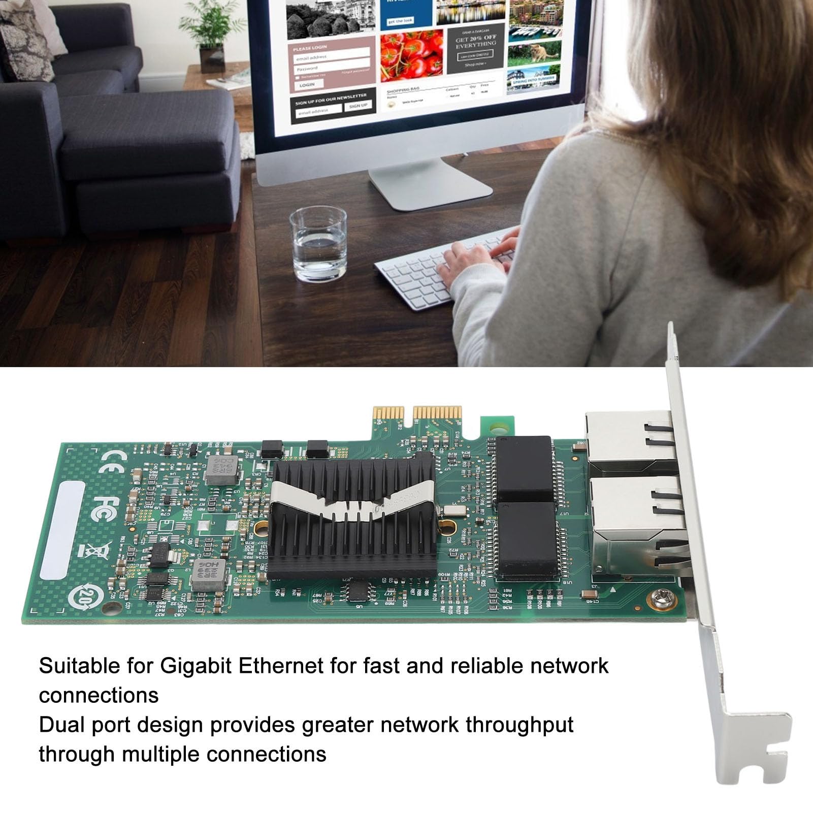 Carte Réseau RJ45, Carte Réseau Gigabit PCIE X1 Double Port 10/100/1000Mbps avec 2 Ports Ethernet RJ45 avec 4 Indicateurs LED