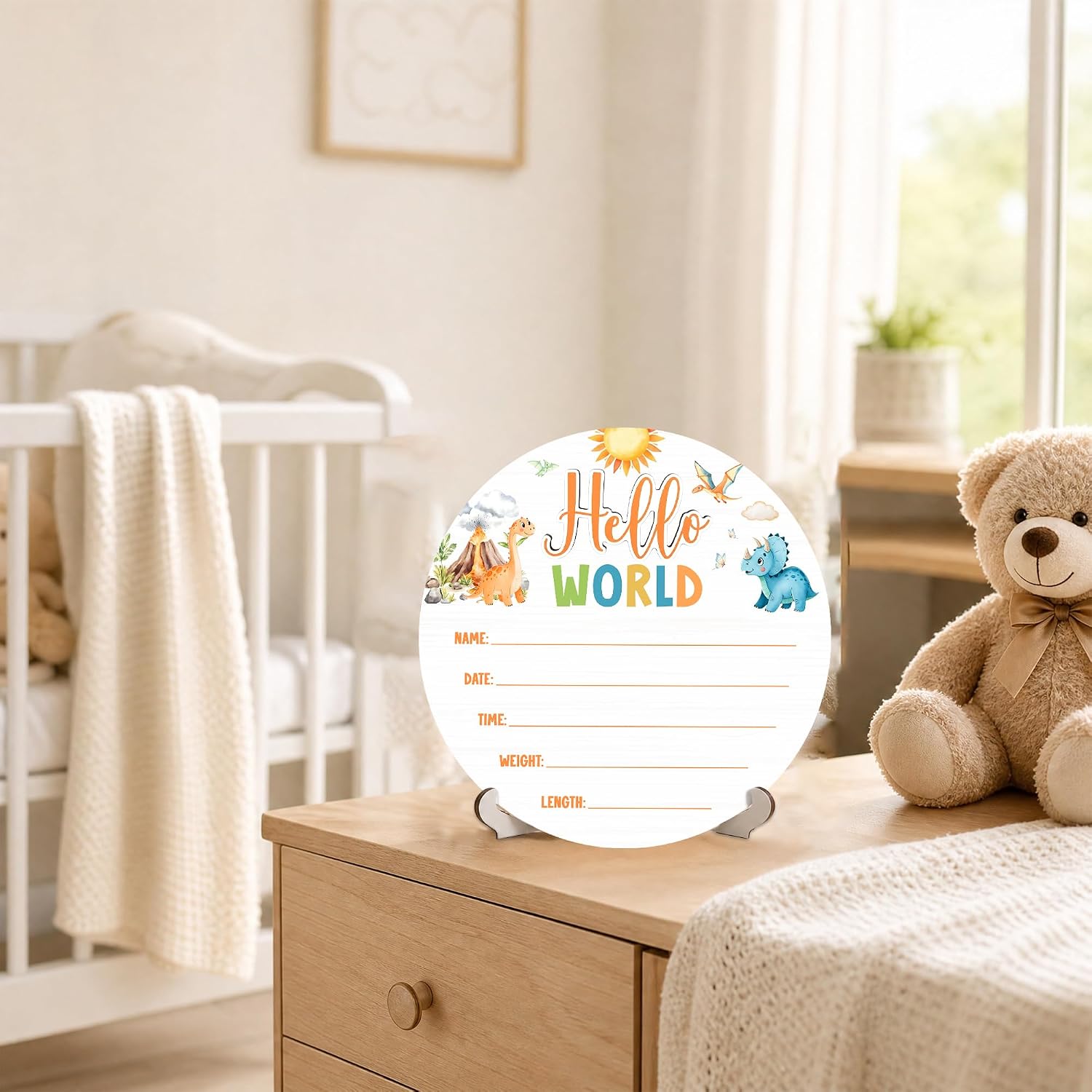 3D Dinosaur Hello World Newborn Sign for Hospital, Dinosaur Baby Announcement Sign for New Baby Boy Girl, Welcome Babies Birth Wooden Signs for Nursery, Neutral Newborn Photography Props-A06