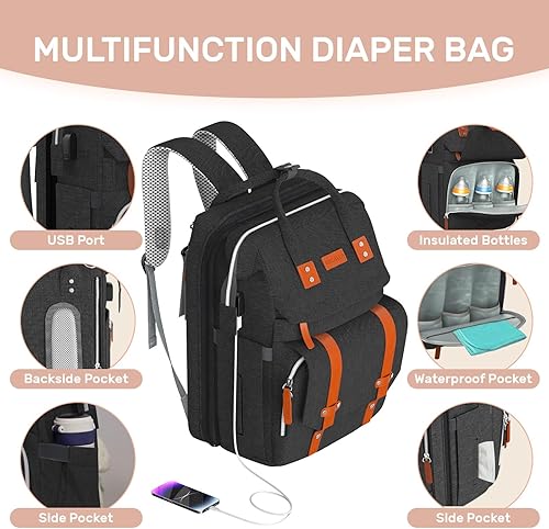 Miniatura 3 de Mochila para pañales con cambiador, mochila grande para bebé para viajes, bolsa de bebé multifuncional para mamá y papá, color negro