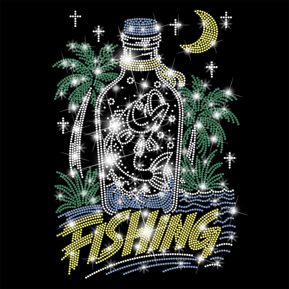 GOMAKERER 1 Pc Bottle Fishing Rhinestone Iron on Transfers, Sparkling Rhinestone Iron on Hotfix Transfer Decal Bling Crystal Clothing Transfer Repair Applique Patches for T-Shirt Jeans Pants Bags