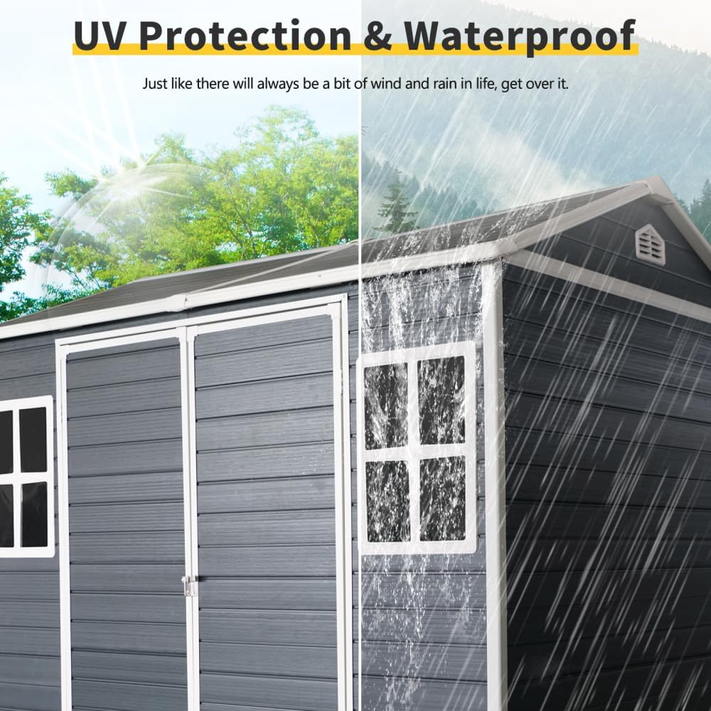 8 x 6ft Resin Outdoor Storage Shed Waterproof Shed with Floor & Two Windows & Lockable Door, Tool Shed for Garden, Patio, Backyard,Black (Black + Polypropylene)