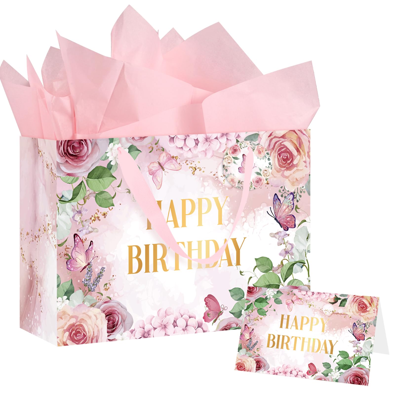 Pink Birthday Gift Bag,Medium Gift Bags for Present, 32 * 22 * 14cm