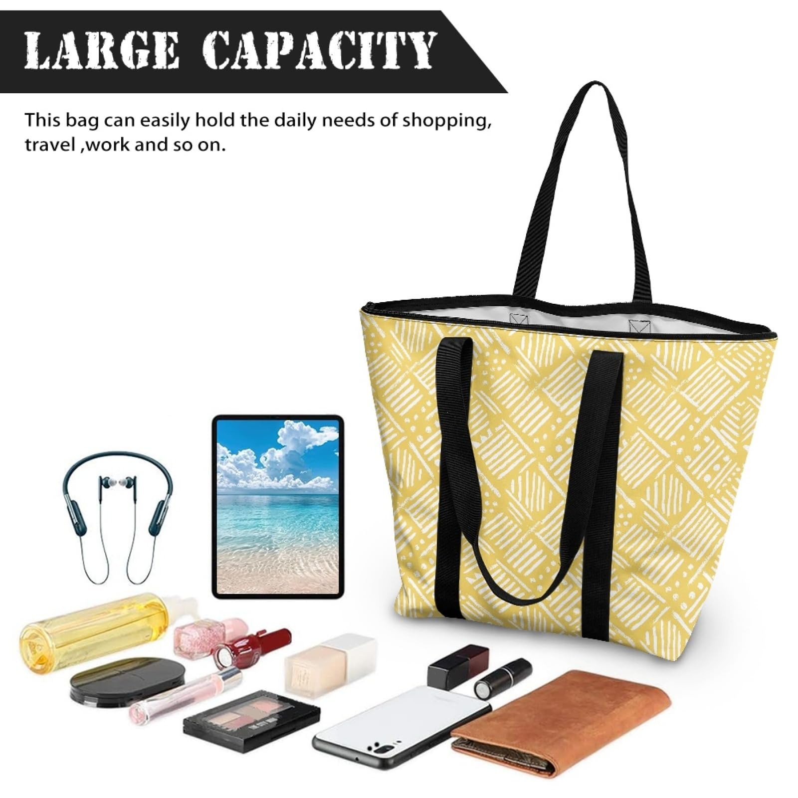 Tote Bag Bolsa Playa Poliéster Bolsas de Tela Reutilizable Bolsas de Viaje Plegable Bolso Playa Cremallera Bolsos de Mano Mujer Bolso Viaje