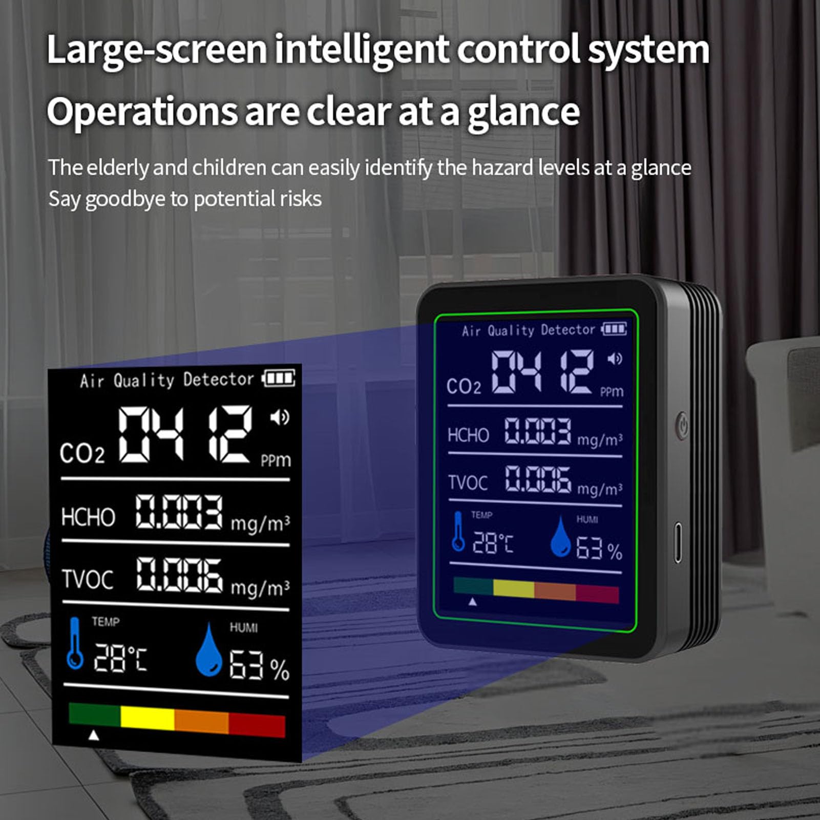 Luftqualitätsdetektor, 5-in-1-CO2-TVOC-HCHO-Temperatur-Feuchtigkeitsmonitor mit Echtzeiterkennung und Farbindikatoren, für die Prüfung der Luftqualität in Innenräumen Im Home