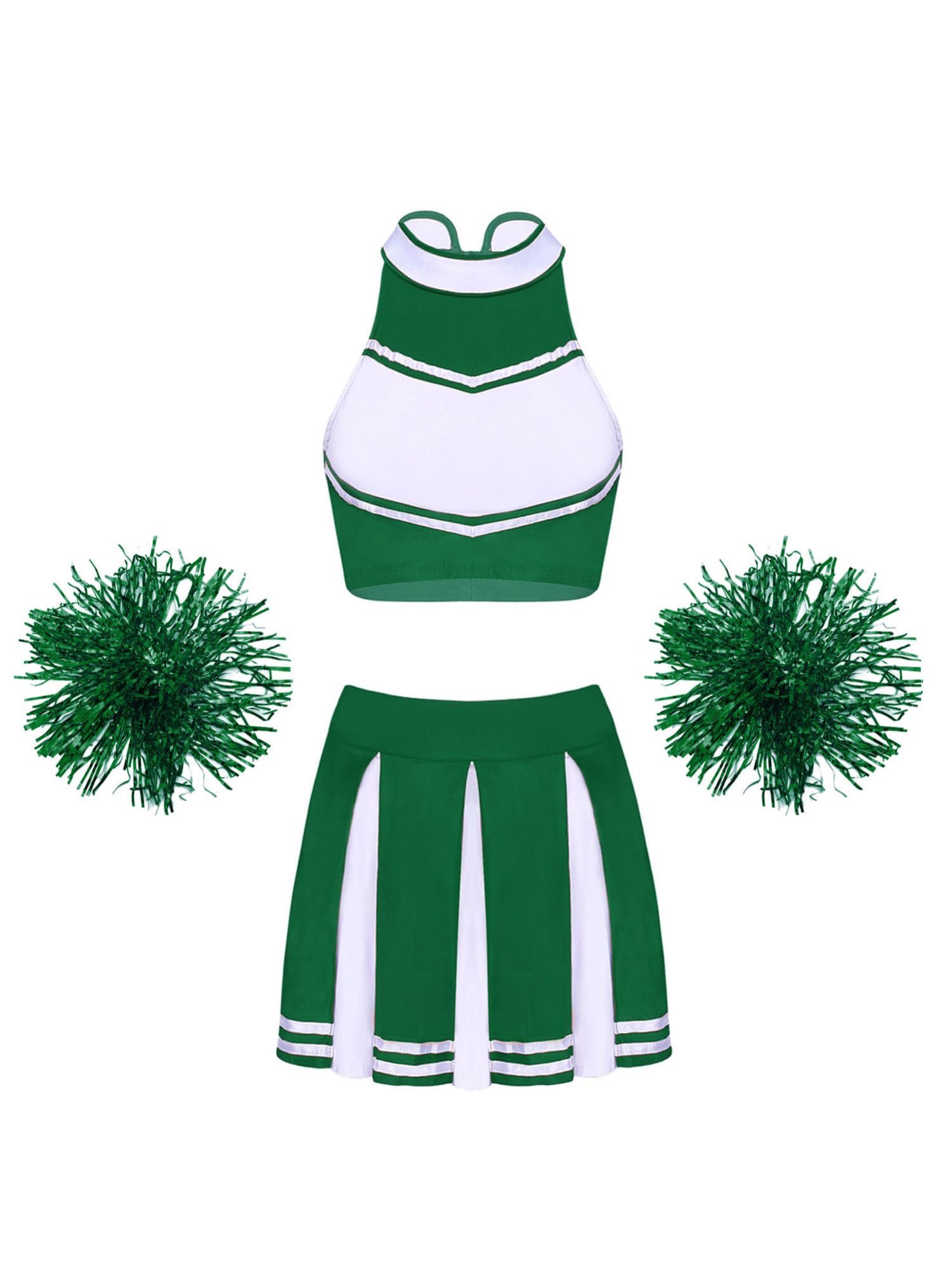 iEFiEL Set Tuta da Cheer-Leader per Donna Costume da Cheerleading Zipper Crop Top senza Manica Gonna a Pieghe Fiori 2 pcs per la Gara di Danza Competizione Partito