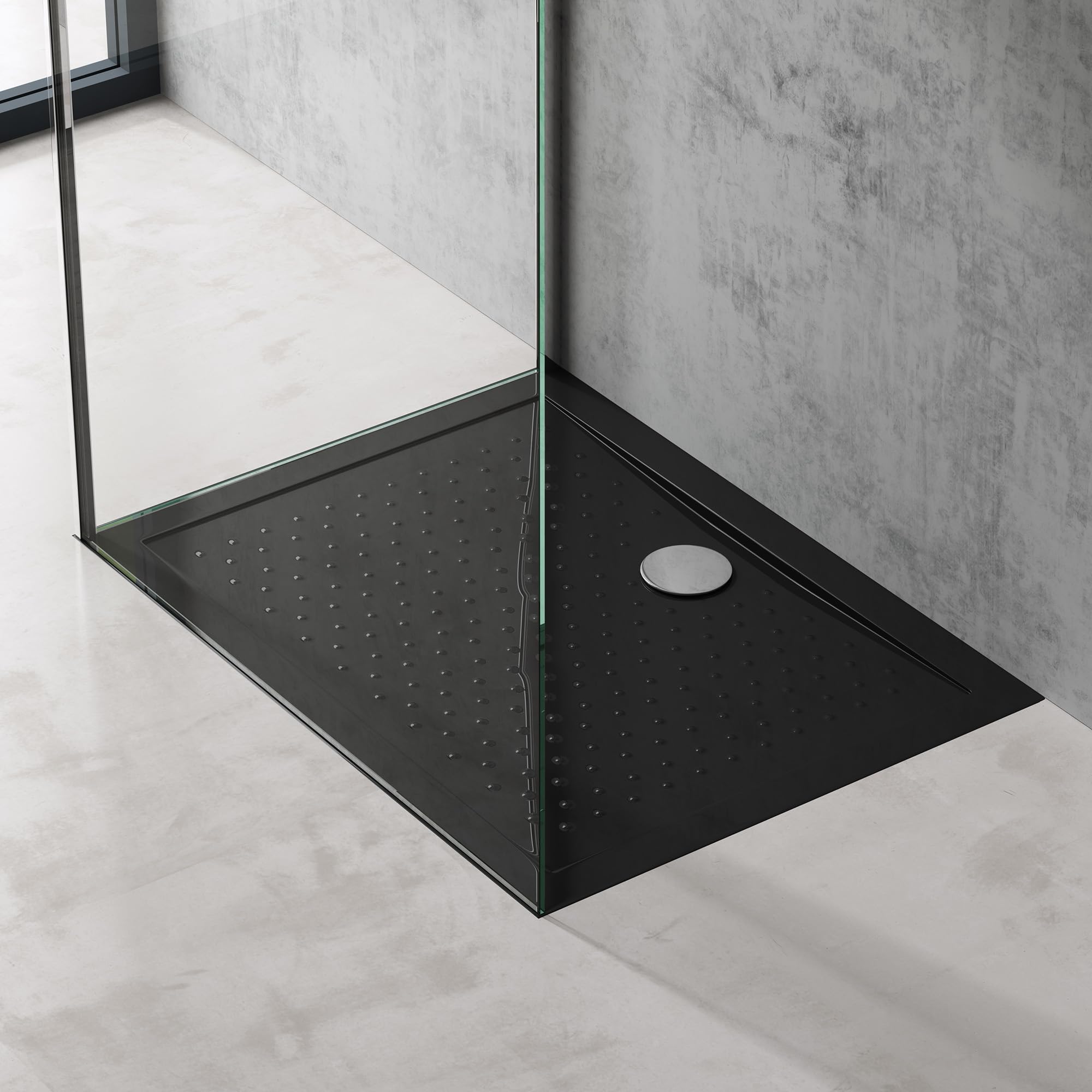 doporro Plato de Ducha Rectangular Antideslizante 70x100x4 cm – Acrílico Negro, Conexiones DIN, Instalación a Ras de Suelo – Lucia02