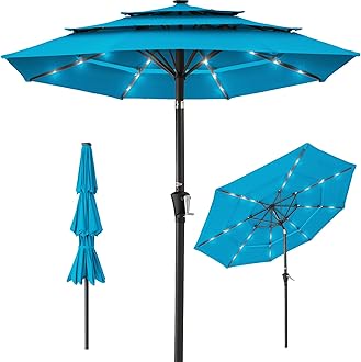 10ft 3-Tier Solar Patio Umbrella, Outdoor Market Sun Shade for Backyard, Deck, Poolside w/ 24 LED Lights, Tilt Adjustment, Easy Crank, 8 Ribs
