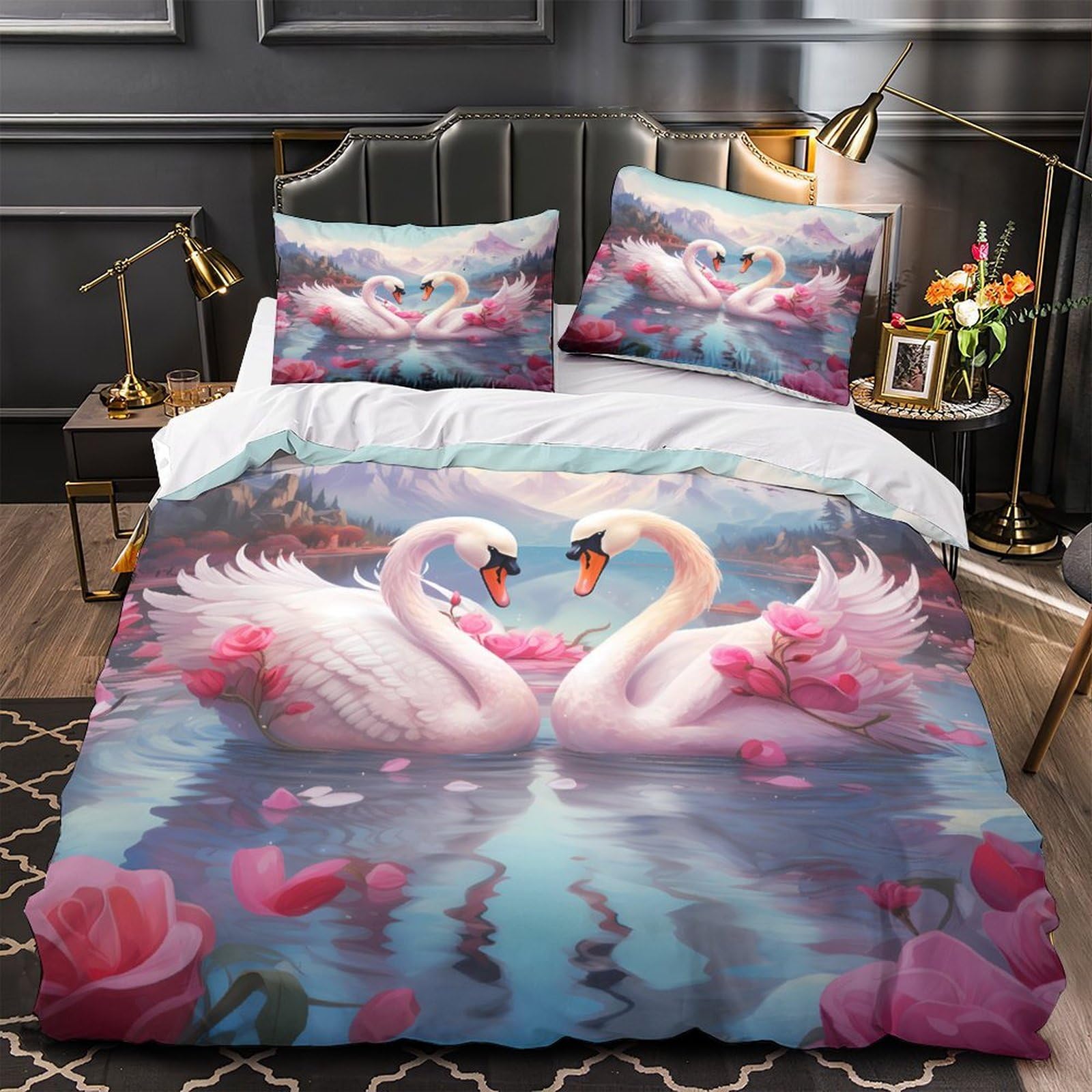 Housse de couette 3D paysage romantique cygnes pour adultes