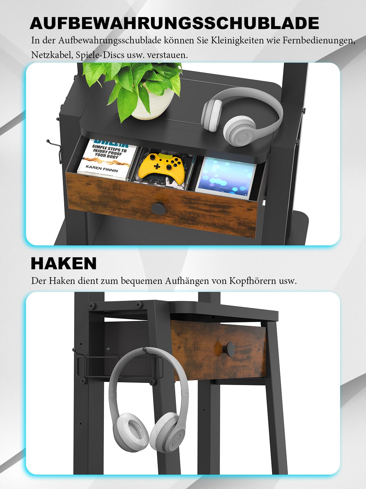 Rollbarer TV-Ständer mit Steckdose und Stoffschublade für 32"-75" Flach/Curved Bildschirme bis 100 kg. Mobiler TV-Wagen für LCD/LED/OLED-Fernseher mit Rollen für Homeoffice. Max. VESA 600 x 400 mm