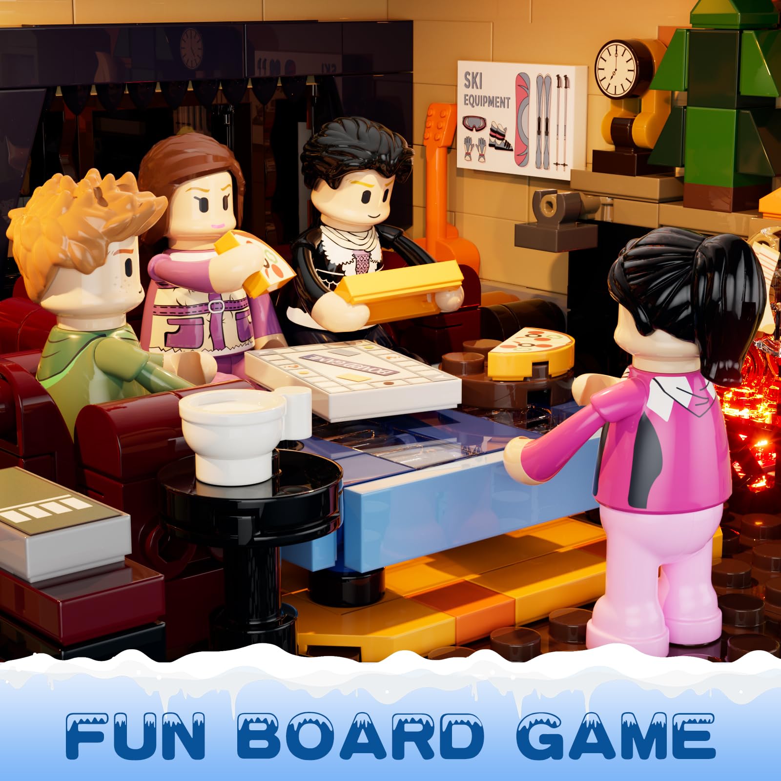 LUMIBRICKS Domek narciarski z oświetleniem LED, 2187 elementów, zestaw zimowy dla dorosłych, nordycki domek wakacyjny z kominkiem, ogniskiem, sceną narciarską i 4 mini figurkami