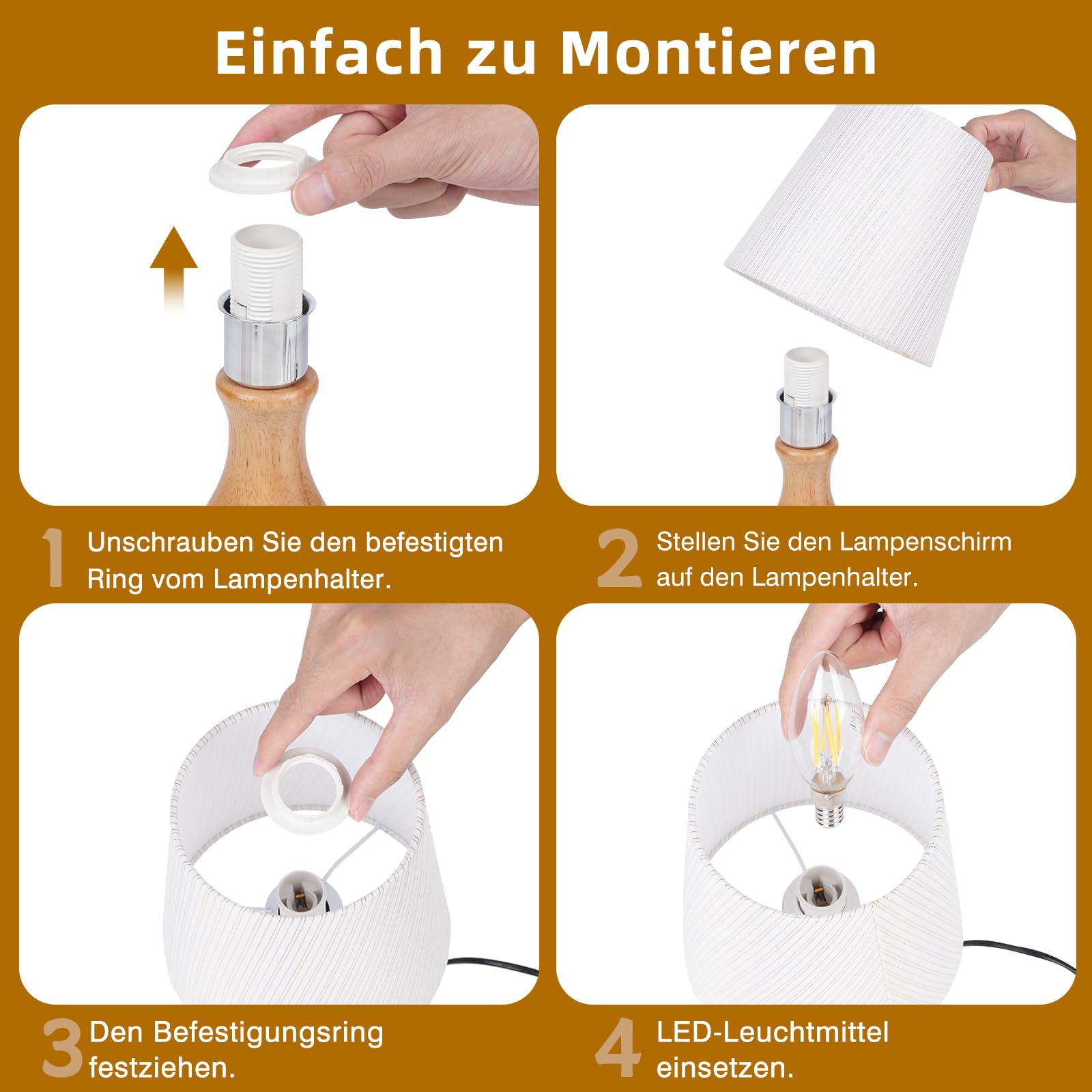 Lámpara de Mesita de Noche, Pantalla de Tela de Lino Beige, 3000K blanco cálido, Bombilla LED E14 incluida, Ideal para Dormitorio, Salón, Oficina, Regalo-1 Pieza