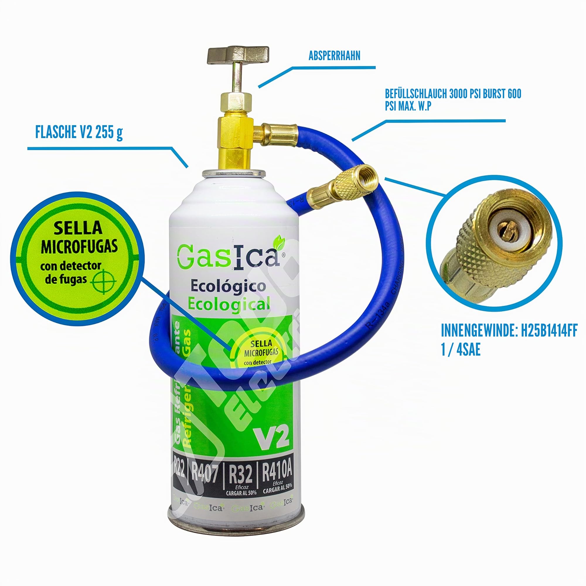 Pack Gasica V2 Flasche für Ökologisches Organisches Kältemittel als Ersatz für R22, R407, R32, R410A und R290 mit Schlauch und Schlüssel für Klimaanlagen-Nachfüllung. Eingang Buchse 1/2" und Ausgang 1