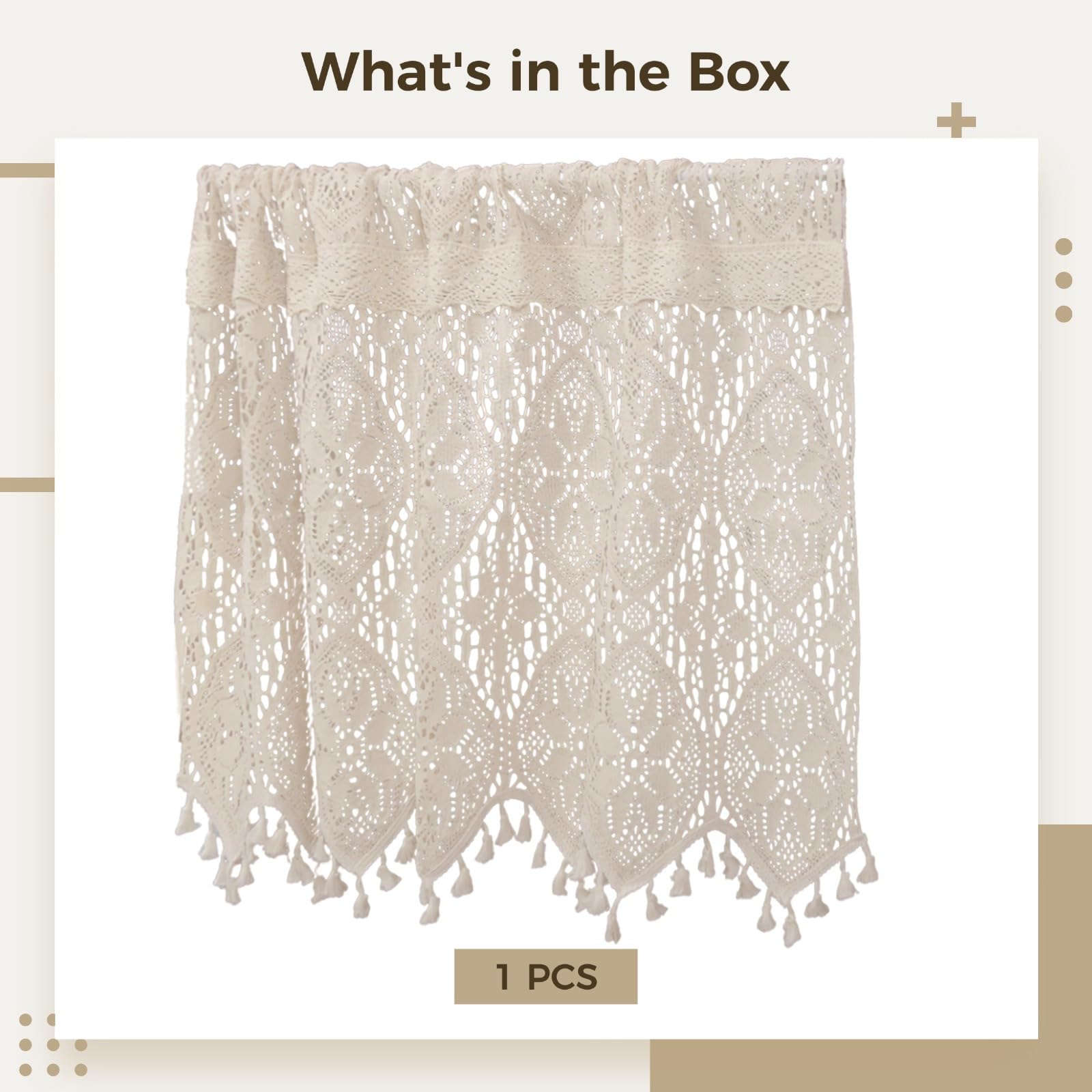 Cantonnière vintage en crochet faite à la main en dentelle de coton avec pompons, rideau court pour cuisine, porte et armoire