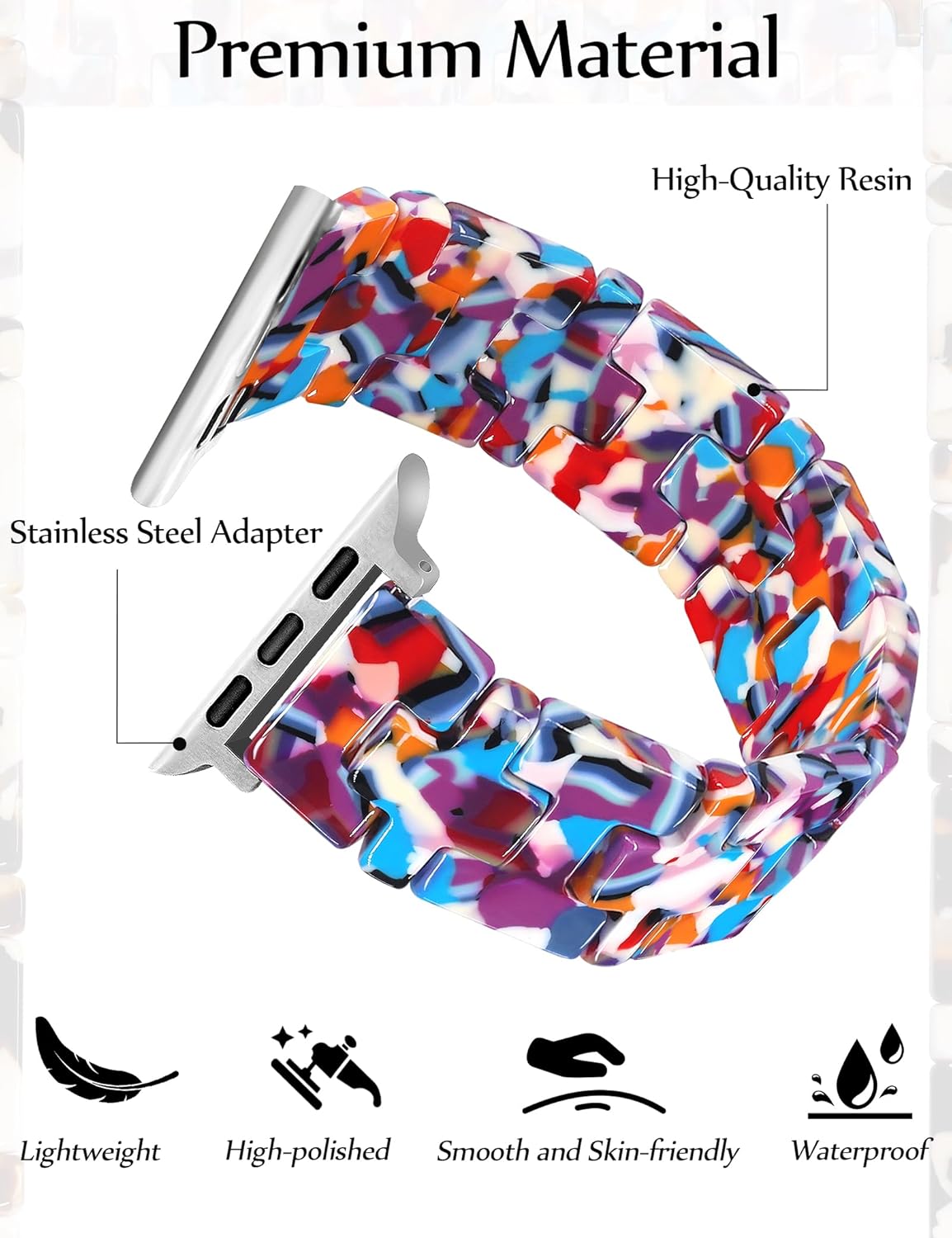 JR.DM Resin Stretchy Tortoise Shell Fancy Beaded Bracelet Light Watch Band Women Compatible with Apple Watch Band 38mm 40mm 41mm 42mm (S11/10) Strap Wristband for iWatch Series 11/10/9/8/7/6/5/4/3/2/1/SE/Ultra(M) - Image 4