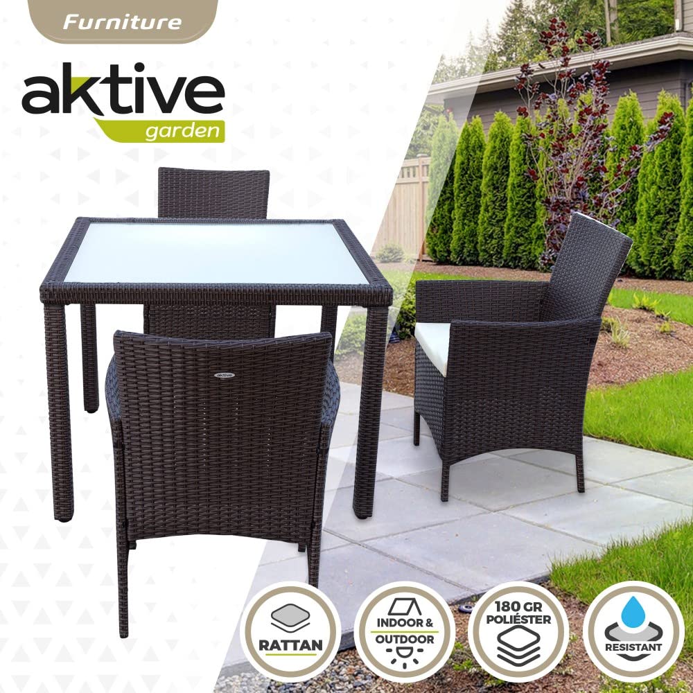 AKTIVE 61073 - Conjunto mesa y sillas jardín ratán, Mesa y sillas terraza incluye 4 sillas jardín exterior y 1 mesa exterior 100x75cm, Muebles para jardín y terraza, Multicolor
